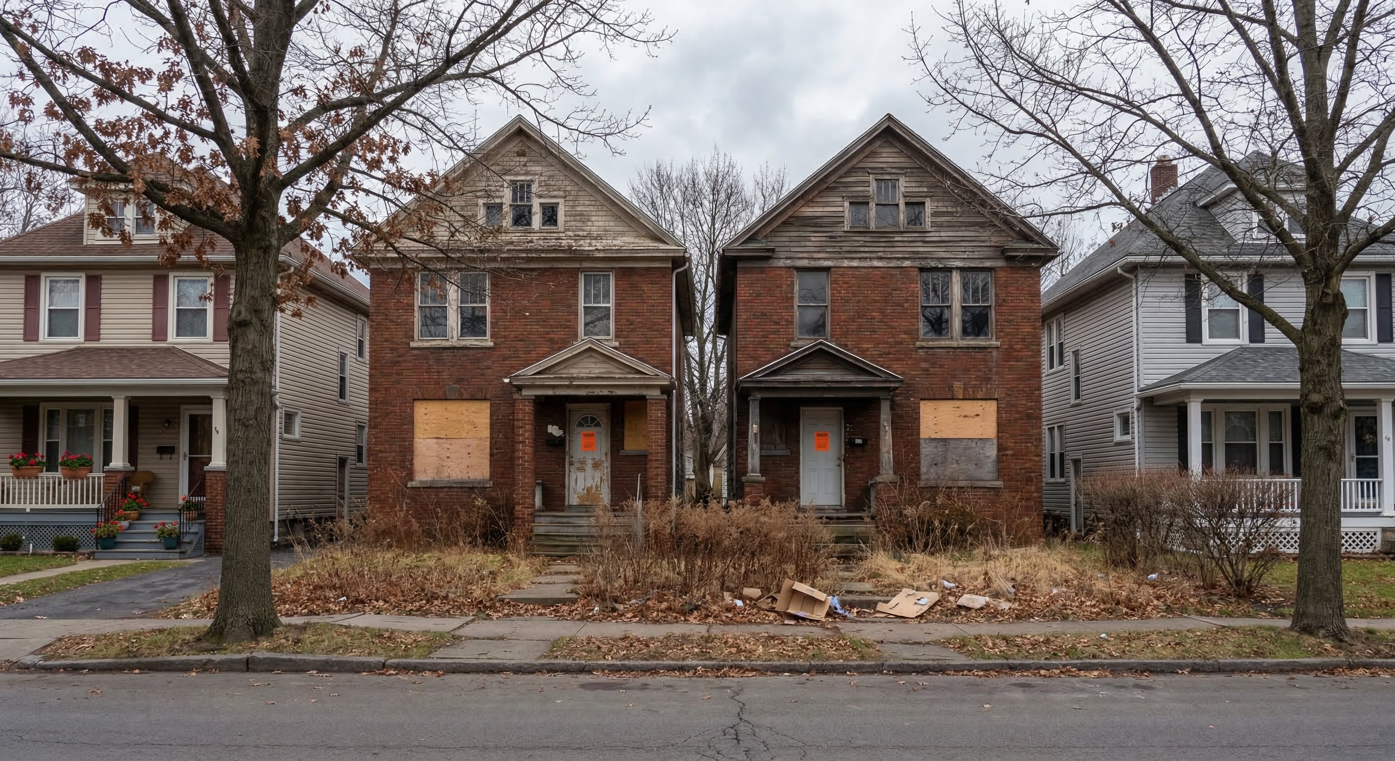 A row of two-story brick and wood-frame homes on a Syracuse, New York street with two visibly vacant properties — boarded lower windows, municipal notice stickers on doors, and overgrown front yards contrasting with maintained neighbors