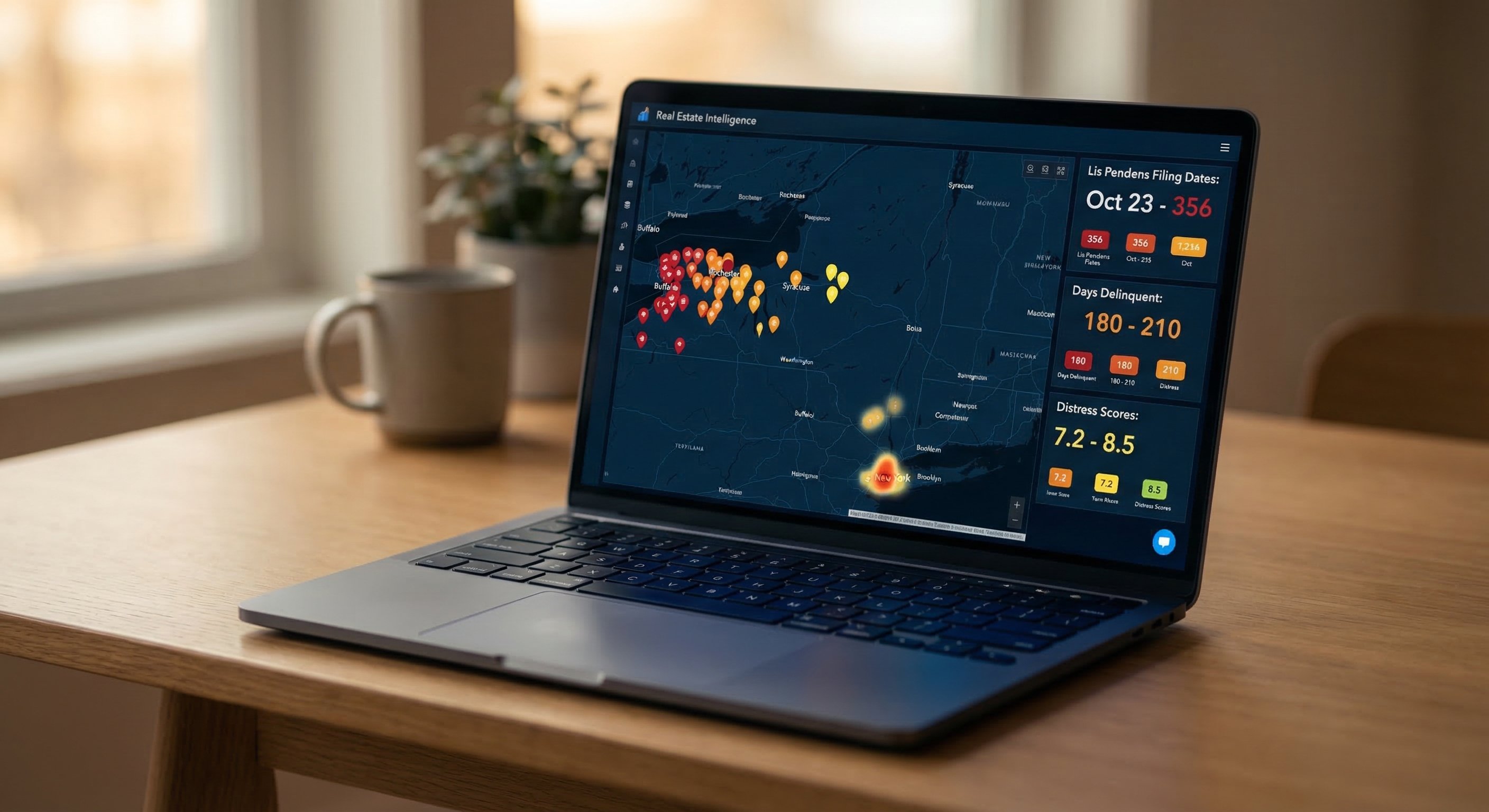 A modern laptop on a clean desk displaying a dark-themed real estate intelligence dashboard with a New York state county map, cluster pins concentrated around Buffalo, Rochester, and Syracuse, data cards showing lis pendens dates and distress scores