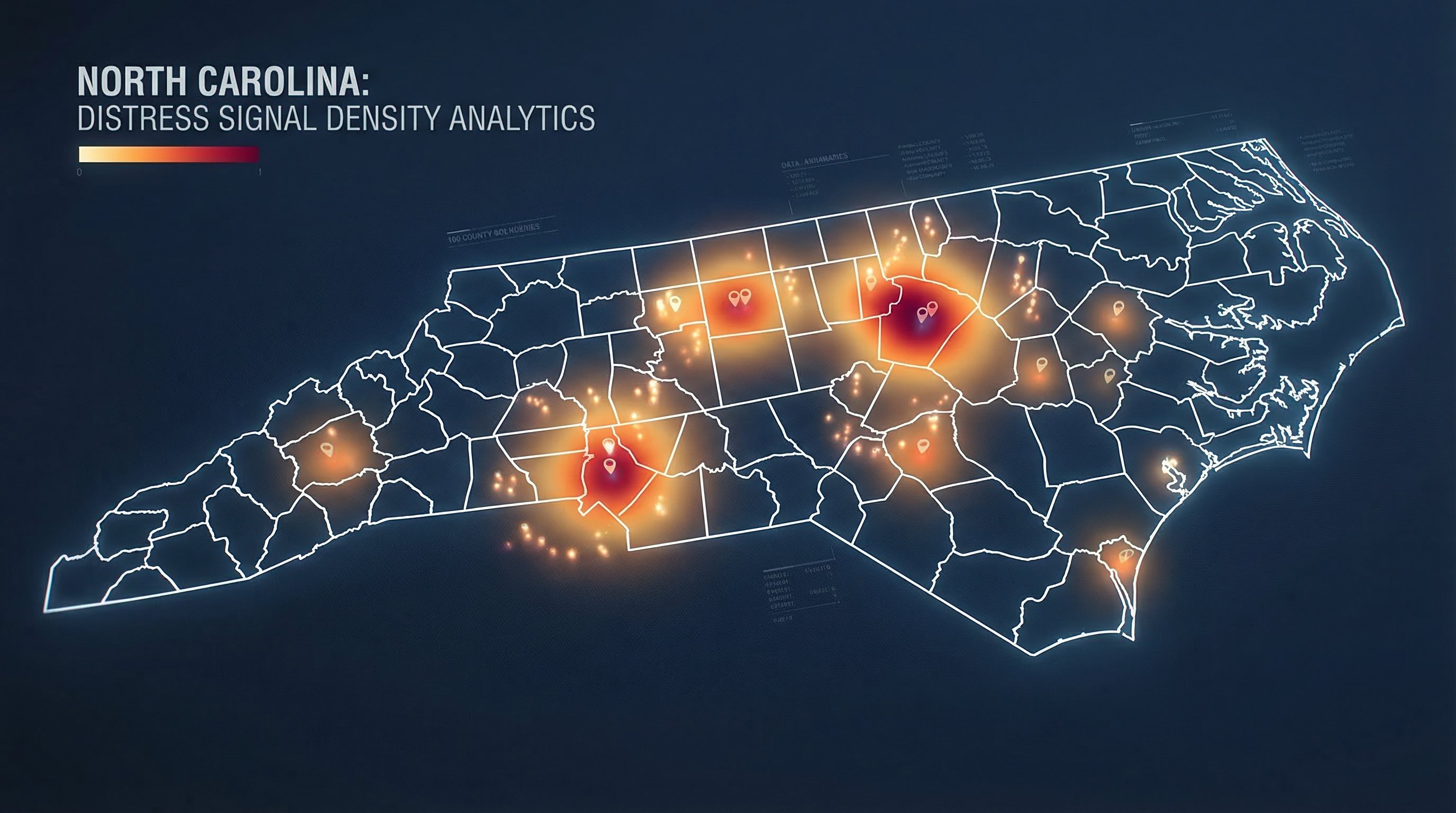 Stylized North Carolina county map showing distress signal density clusters over Charlotte, Raleigh-Durham, and Greensboro metro areas with heat overlay
