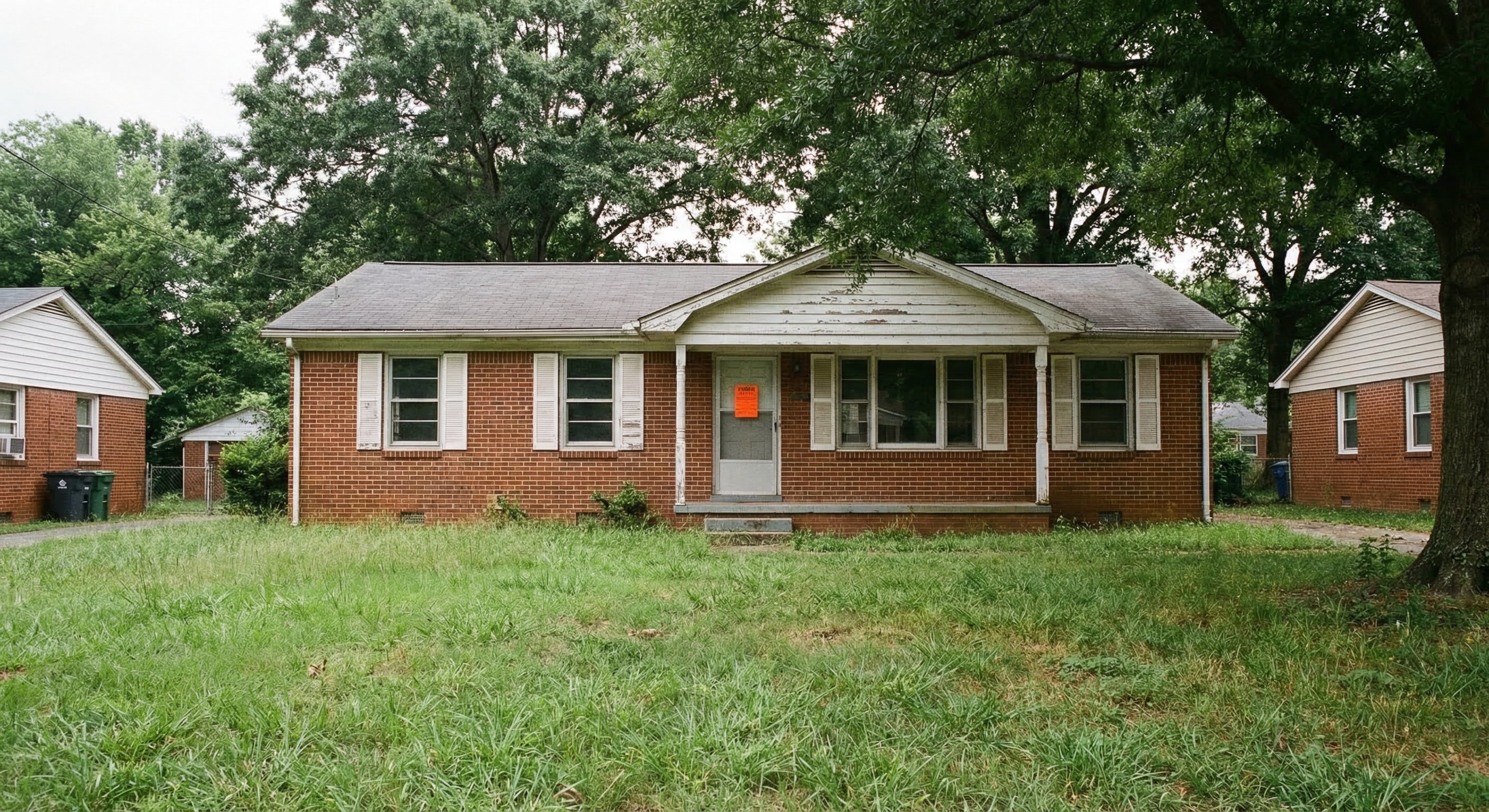 A vacant single-story brick ranch home in a transitional Charlotte neighborhood with overgrown lawn, weathered wood trim, and a notice posted on the front door, mature oak trees lining the street, overcast afternoon light