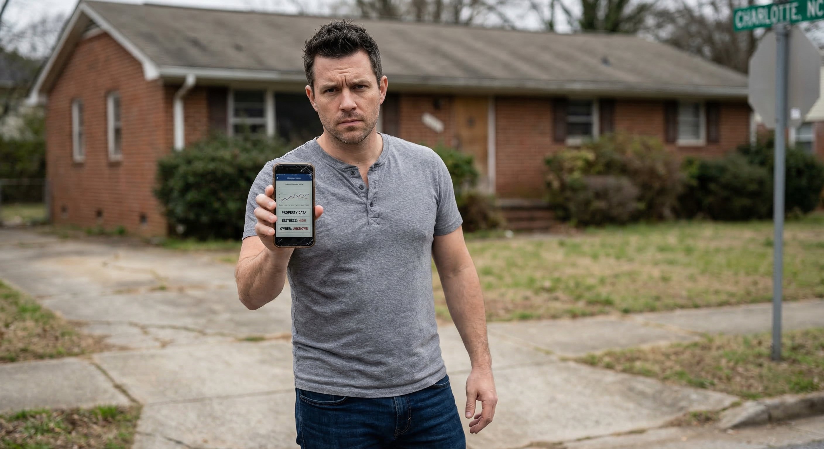 A male real estate investor in his late 30s standing outside a vacant brick ranch home in Charlotte, North Carolina, holding a phone showing property data, focused on the property, shallow depth of field with the brick home softly blurred behind him, natural afternoon light, editorial lifestyle photography
