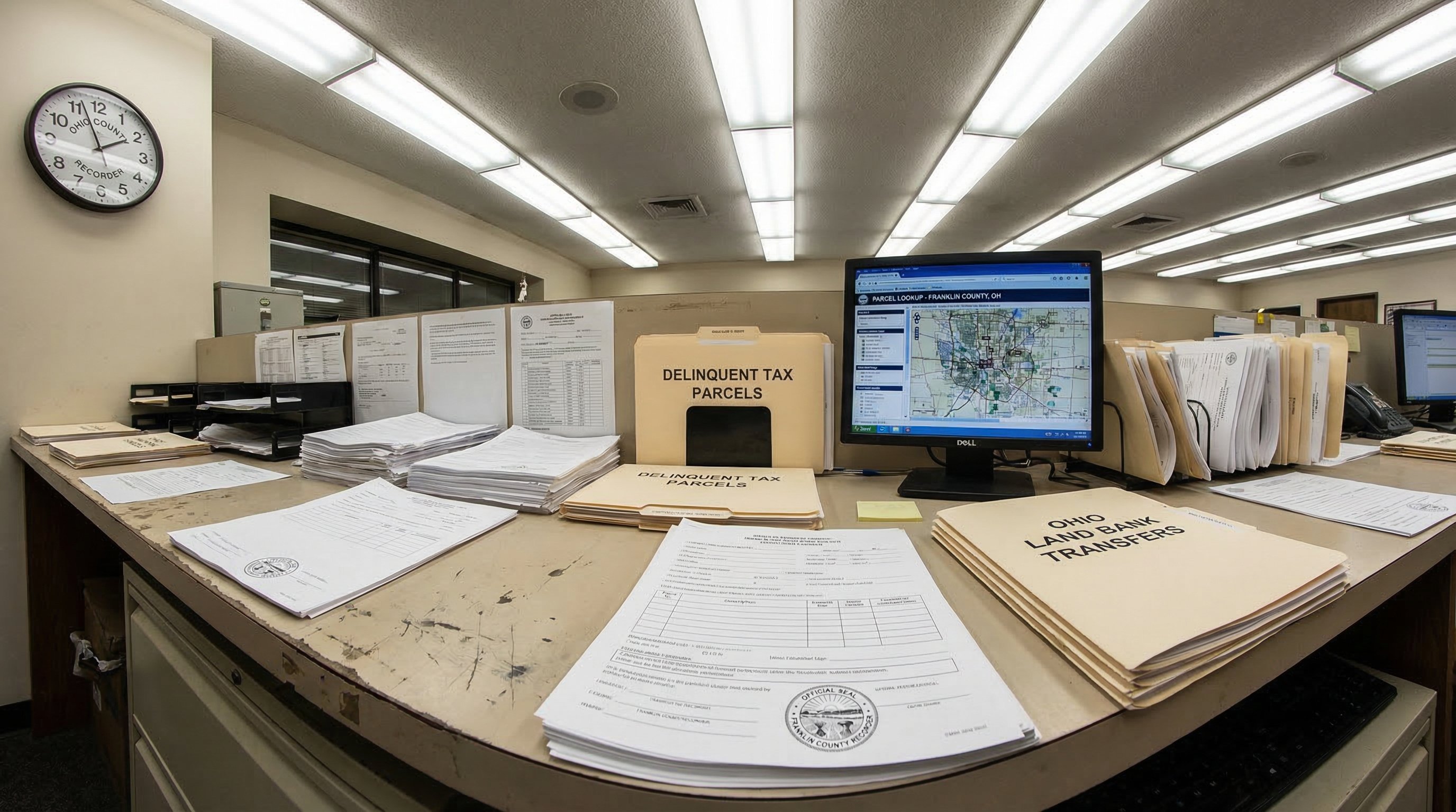 Ohio land bank documents spread on a county recorder's office counter, showing property transfer paperwork and tax delinquency filings