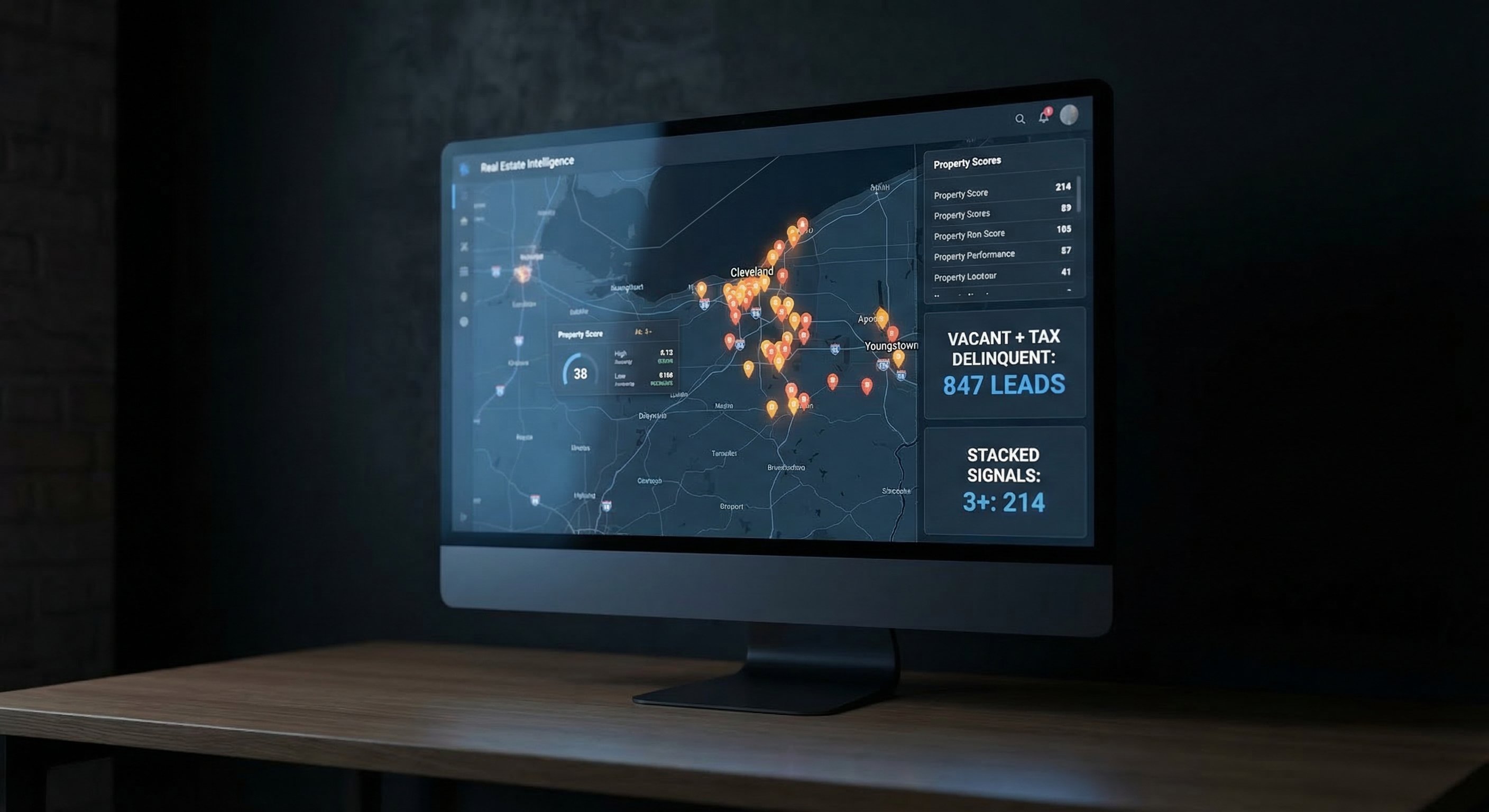 DistressIQ platform showing Ohio vacant property leads with stacked distress signals — tax delinquency, lis pendens, and absentee ownership layered on a county map