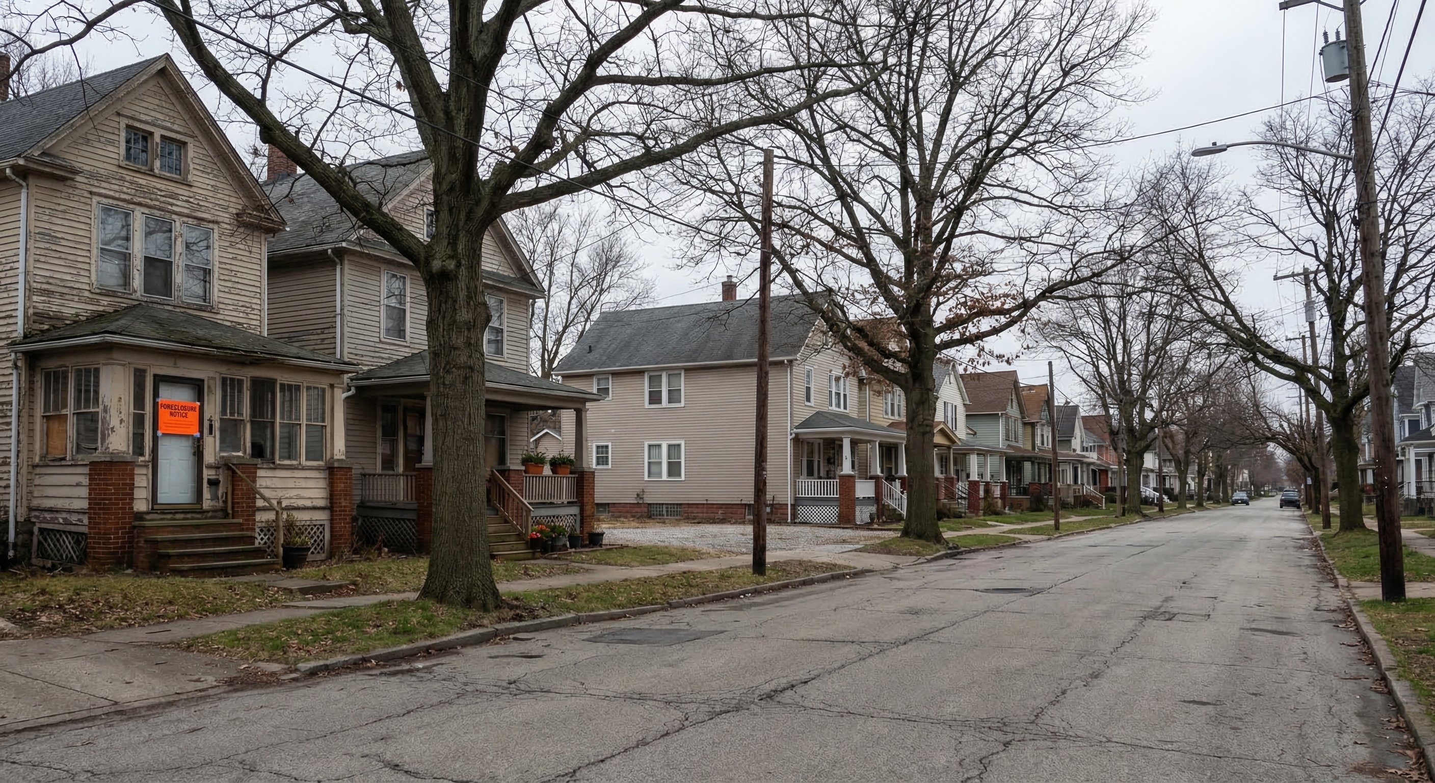 Aerial view of Cleveland residential neighborhood showing a mix of occupied brick homes and vacant lots along a tree-lined street, overcast sky