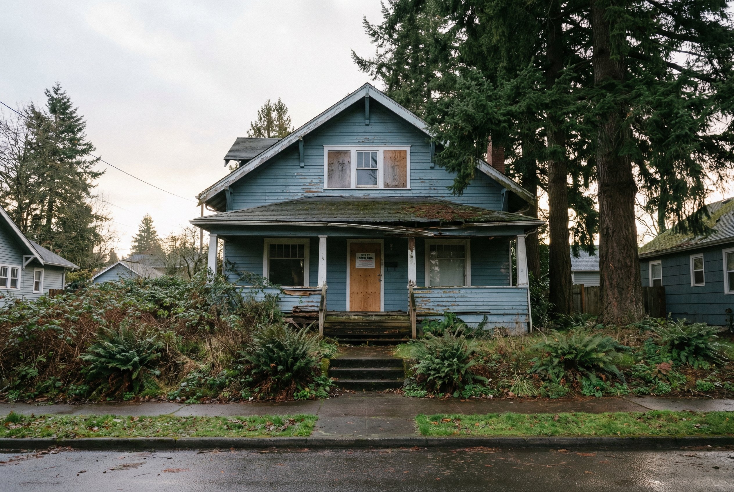 Vacant craftsman bungalow in Portland with city notice on door, overgrown yard, Pacific Northwest light