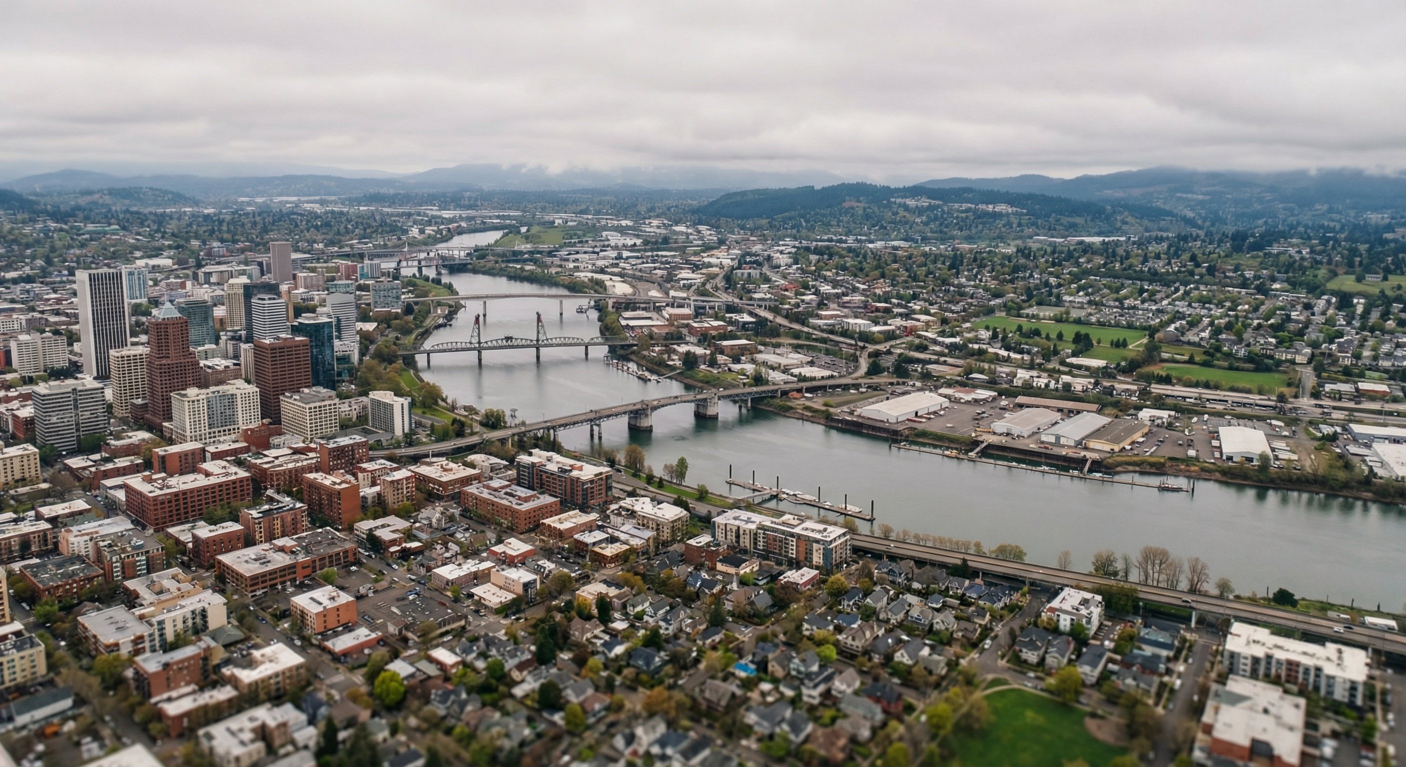 Aerial view of Portland metro area with Willamette River, urban neighborhoods, and Willamette Valley sprawl