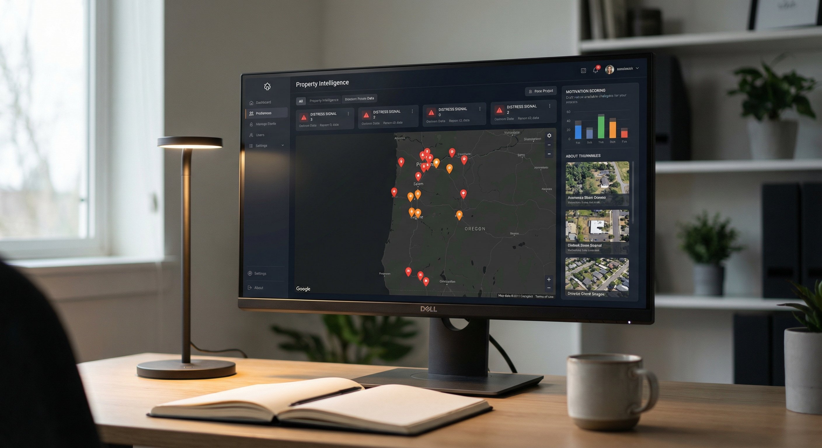 Property intelligence dashboard showing Oregon map with distress signal pins, motivation scores, and aerial previews