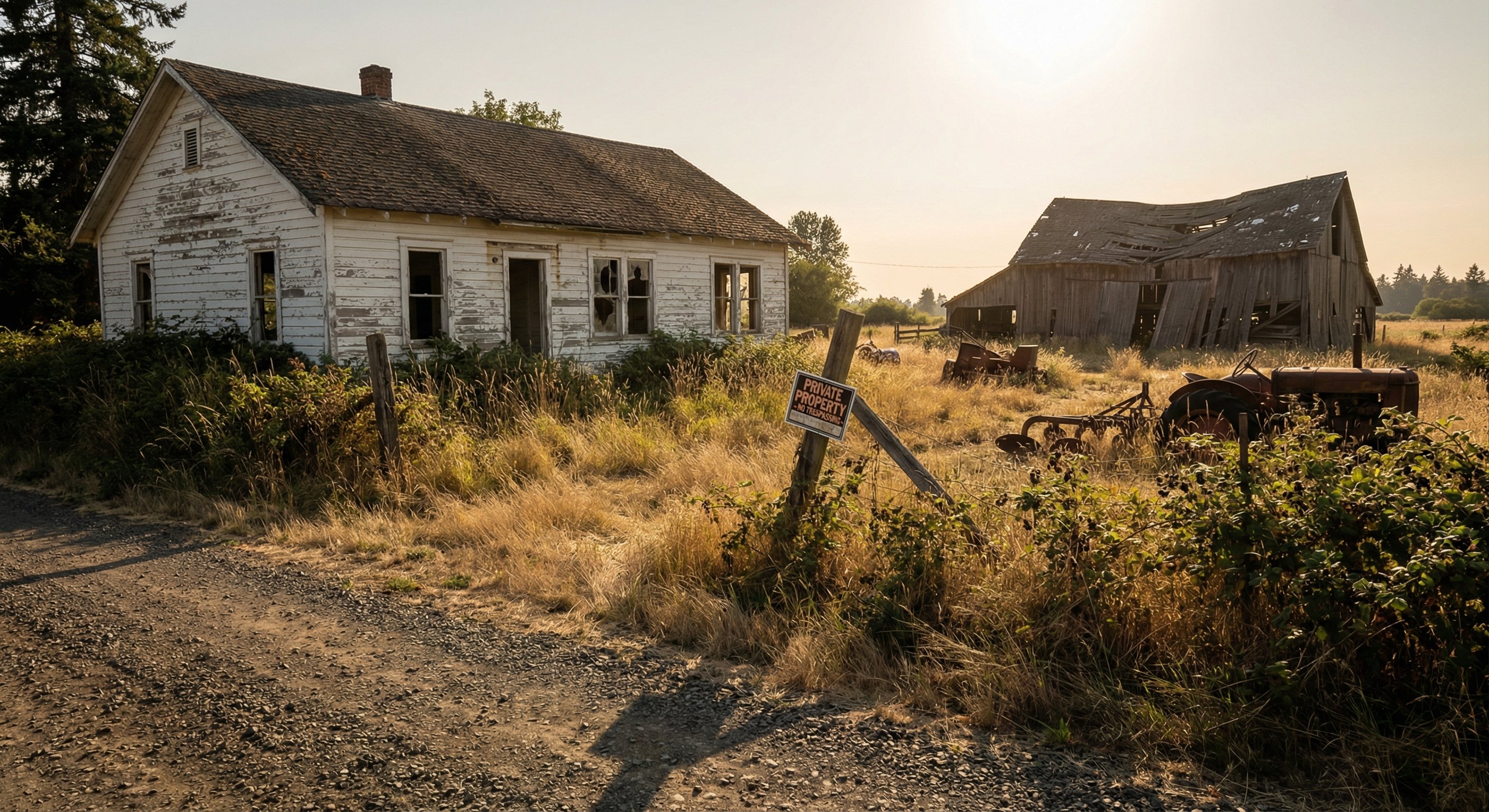 Neglected rural Oregon farmhouse on five acres with collapsed barn, overgrown pasture, rusted equipment