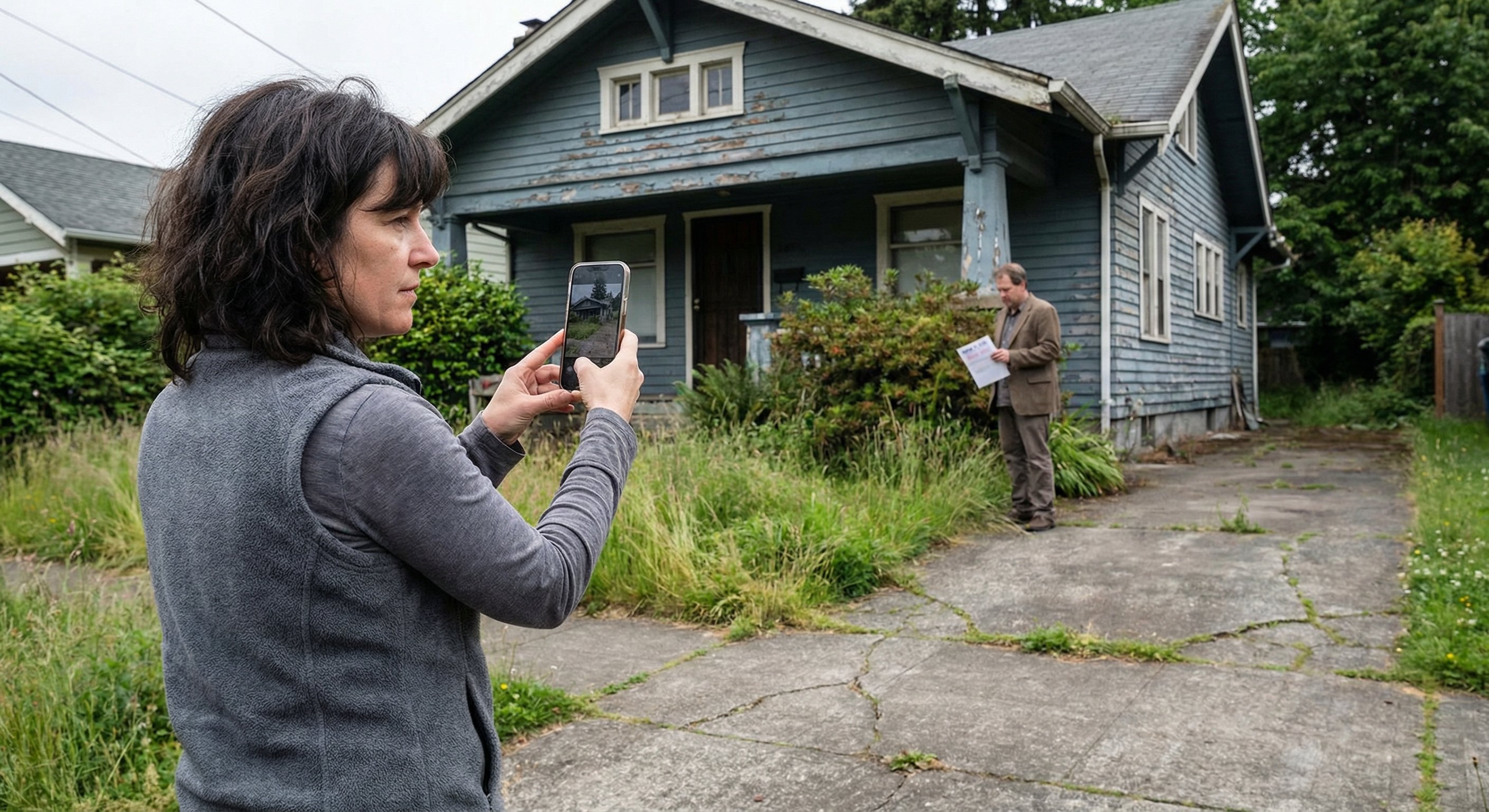 Real estate investor photographing a vacant Portland home while a second person examines a city violation notice on the door
