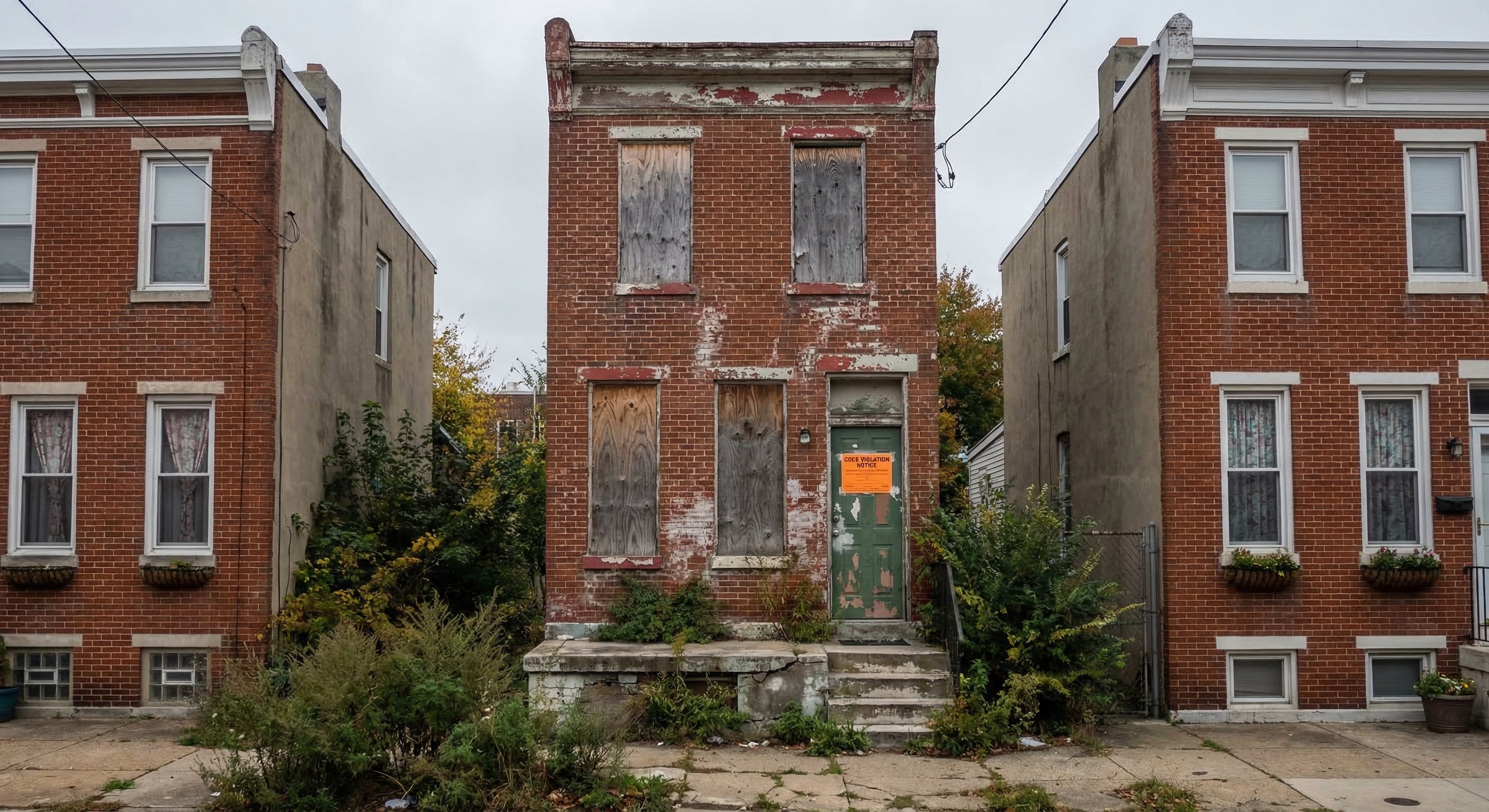 Vacant brick row home in a Philadelphia neighborhood showing boarded windows, overgrown front steps, and code violation notice on the door — classic distressed property indicator