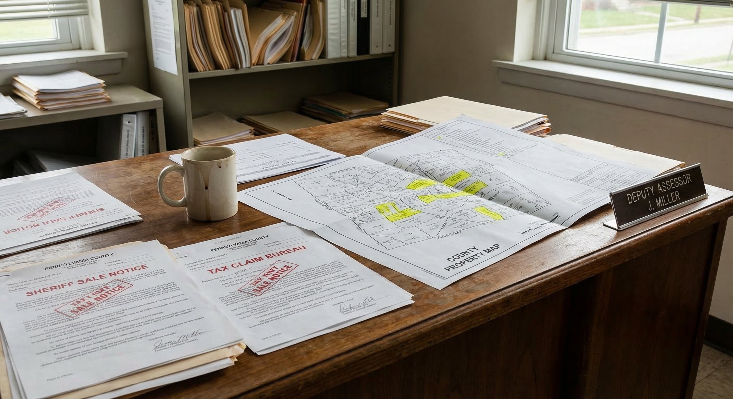 Pennsylvania county tax assessor documents spread on a desk alongside sheriff sale notices and a Pennsylvania property map — research tools for distressed property investors
