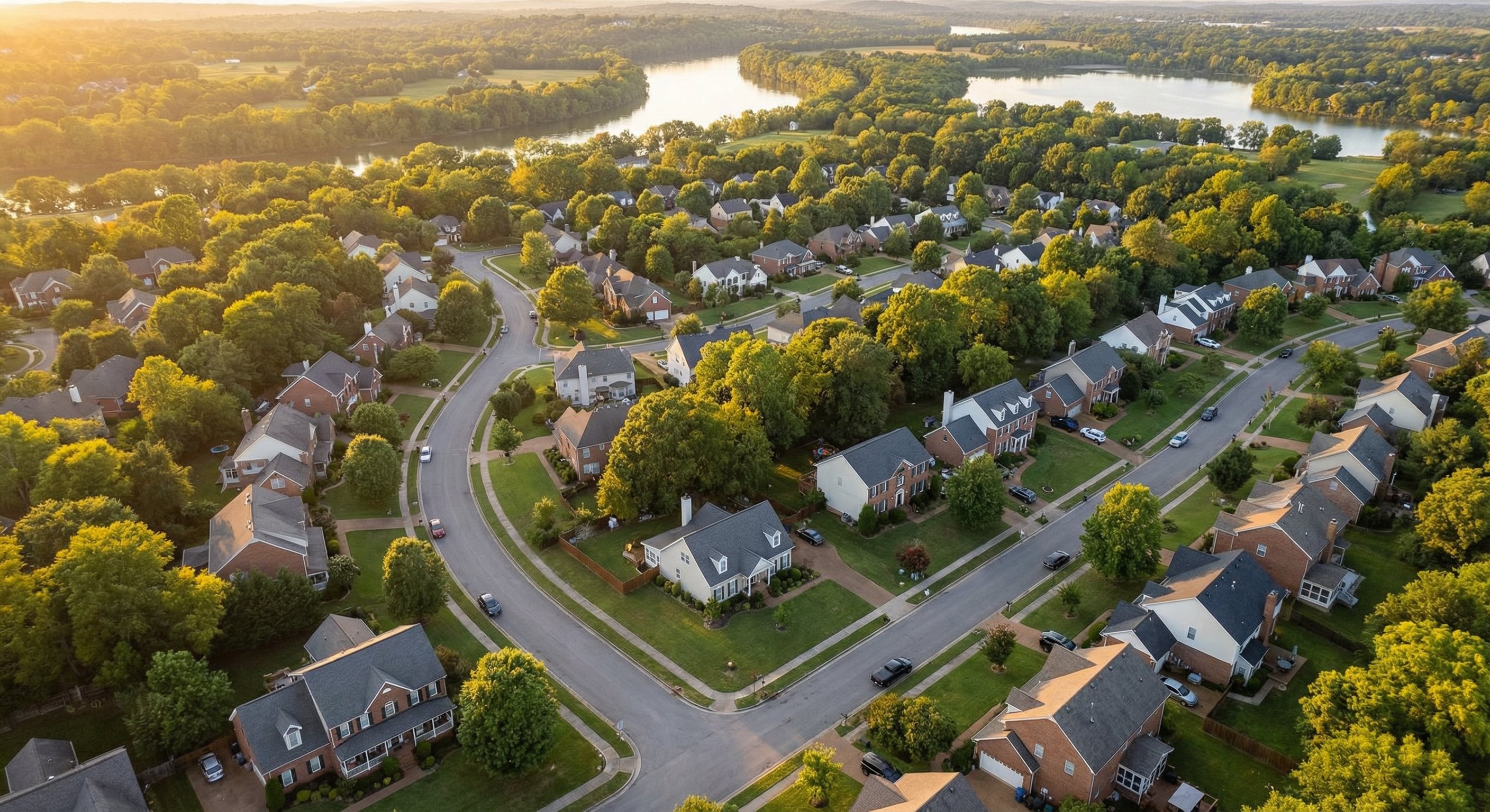 Aerial view of Tennessee suburban neighborhood with craftsman and colonial homes