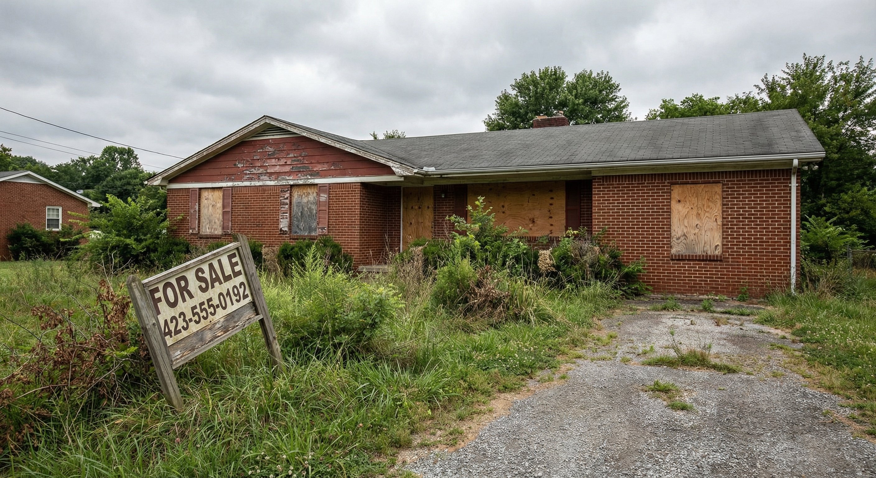 Vacant Tennessee property with overgrown grass and boarded windows