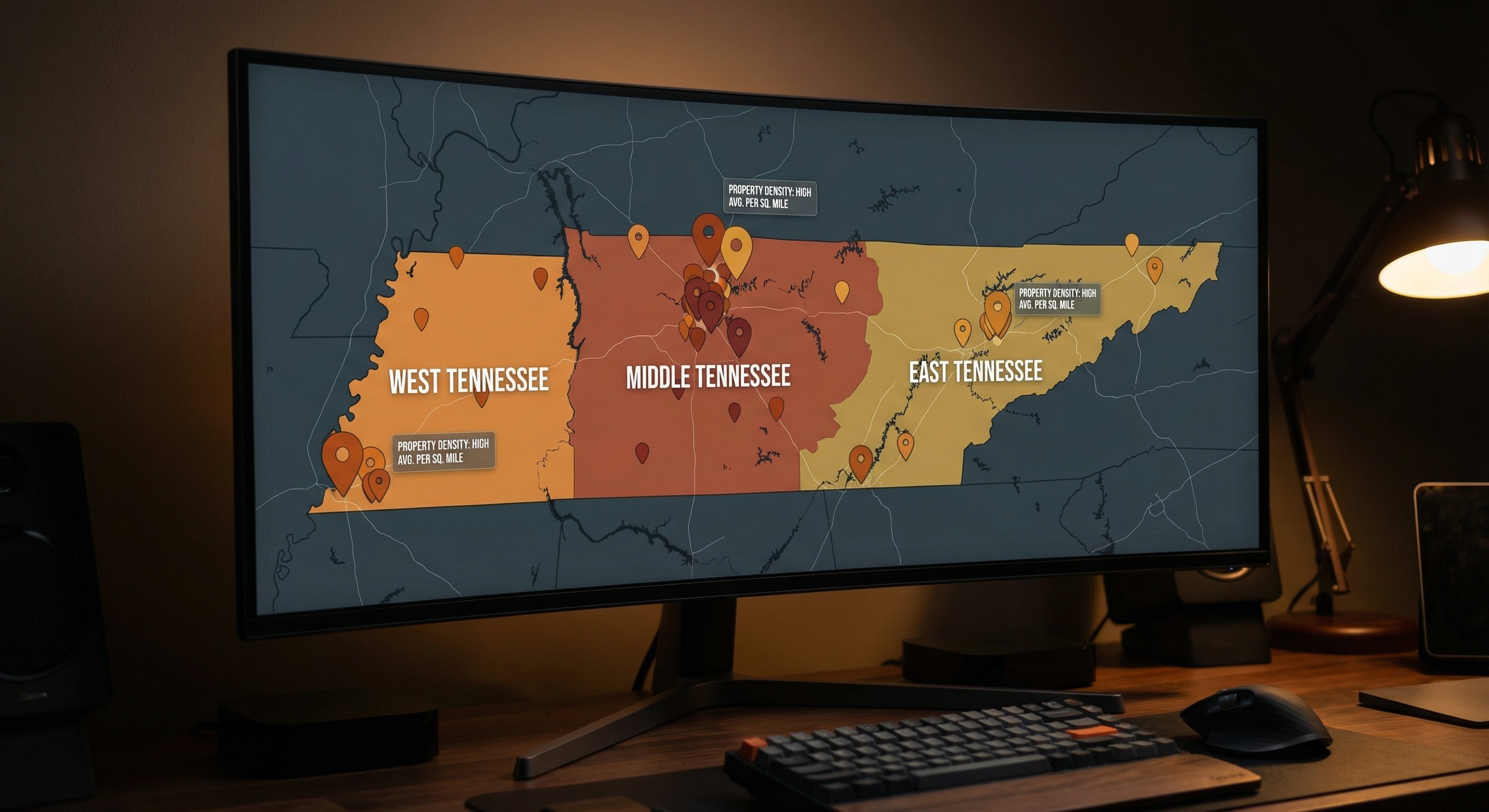Tennessee state map showing three grand divisions with data overlays