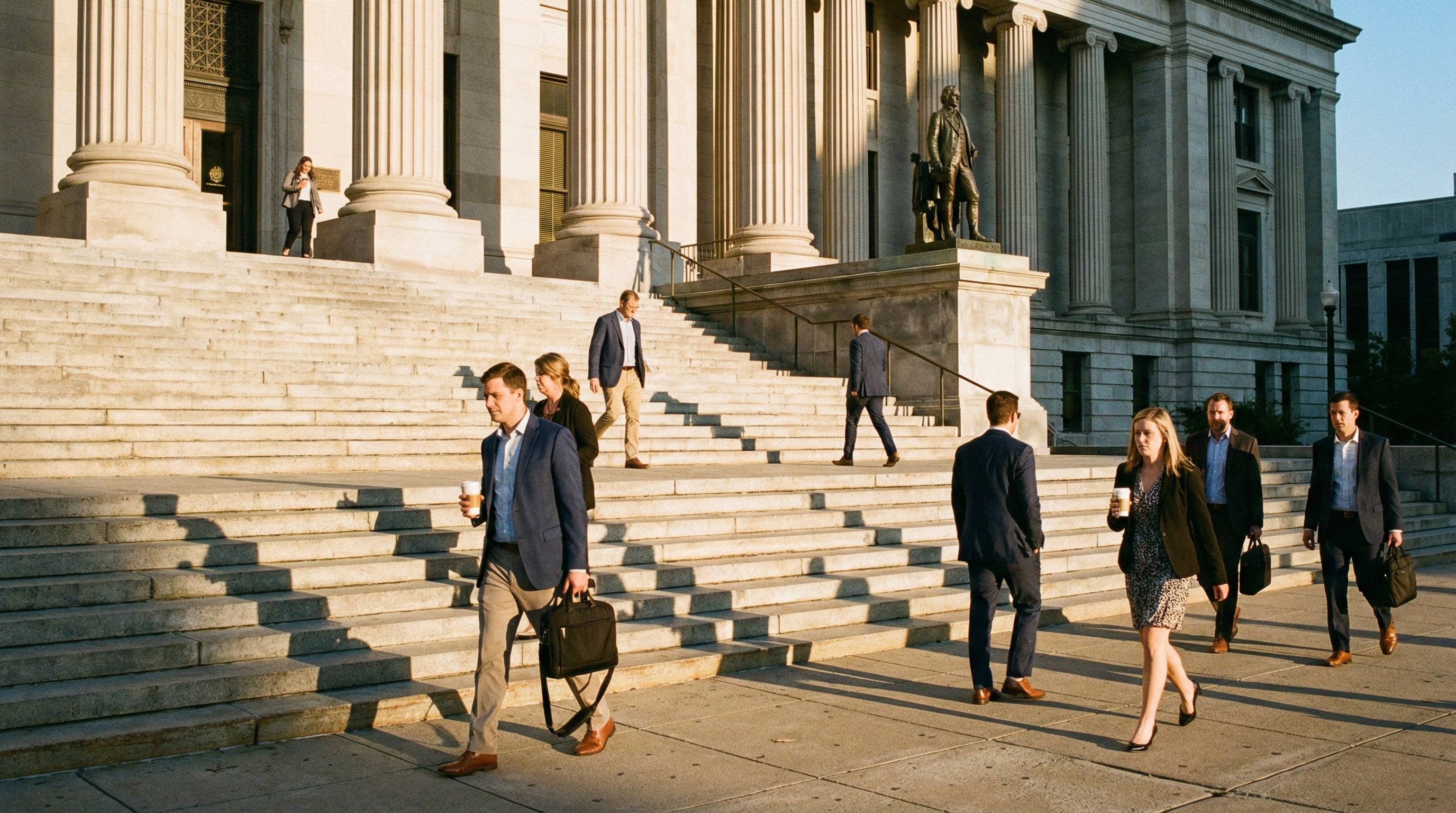 Tennessee courthouse steps exterior with people passing by