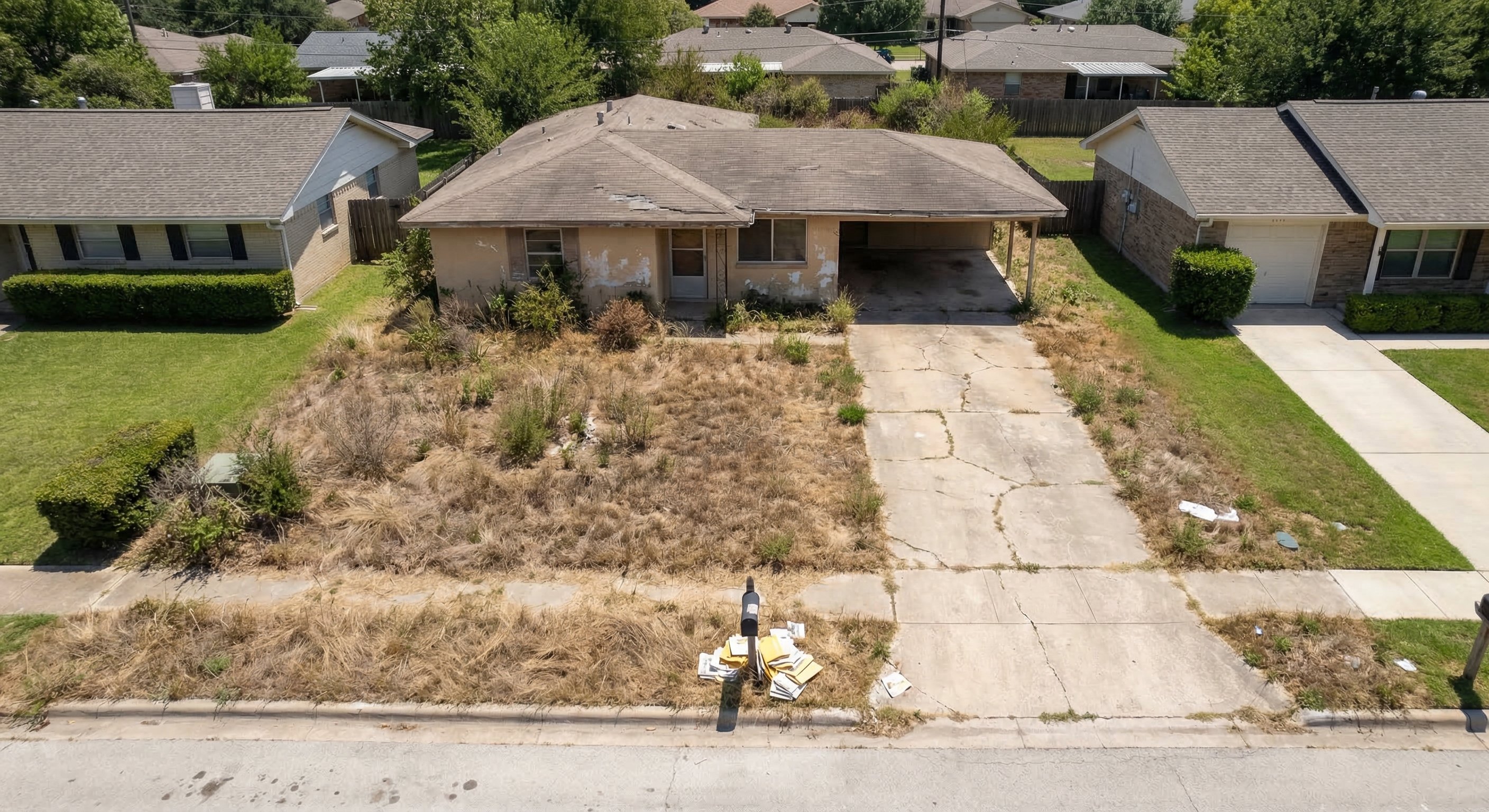 Aerial drone view of vacant ranch-style home with overgrown yard and sun-bleached exterior in a Texas suburban neighborhood
