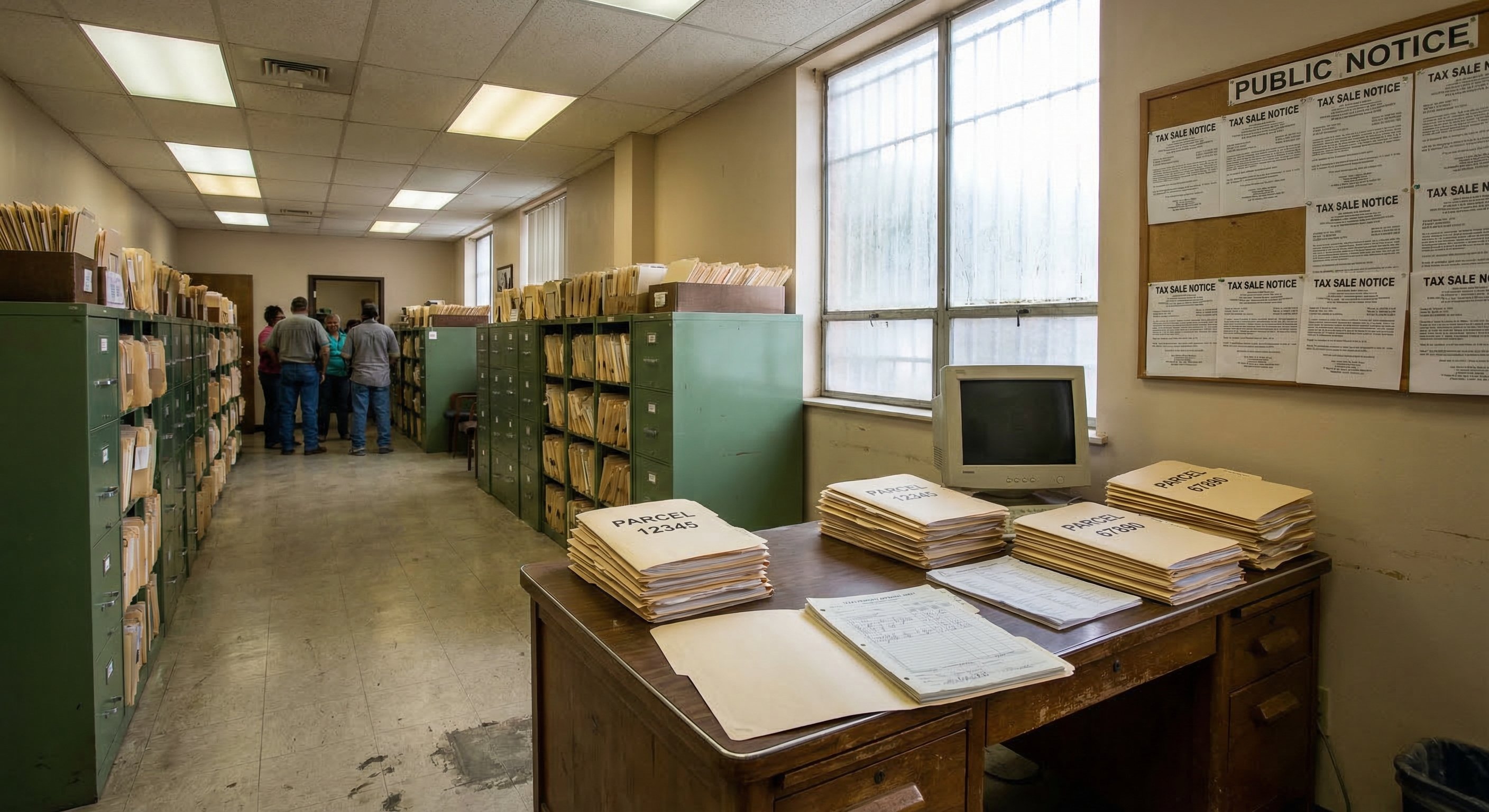 County records office interior with property filing cabinets and assessor documents on a government office desk