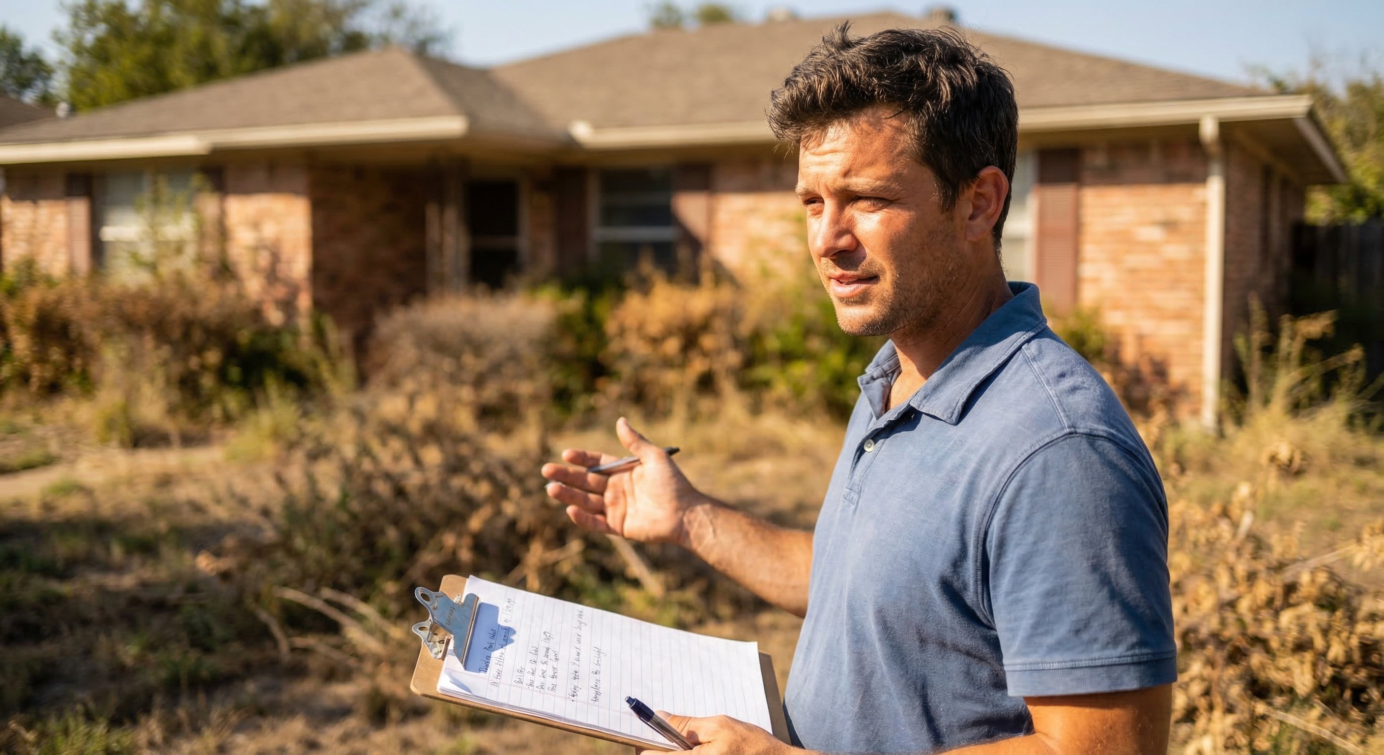 Real estate investor walking a vacant property exterior, reviewing notes on a clipboard against a Texas brick ranch home with overgrown landscaping