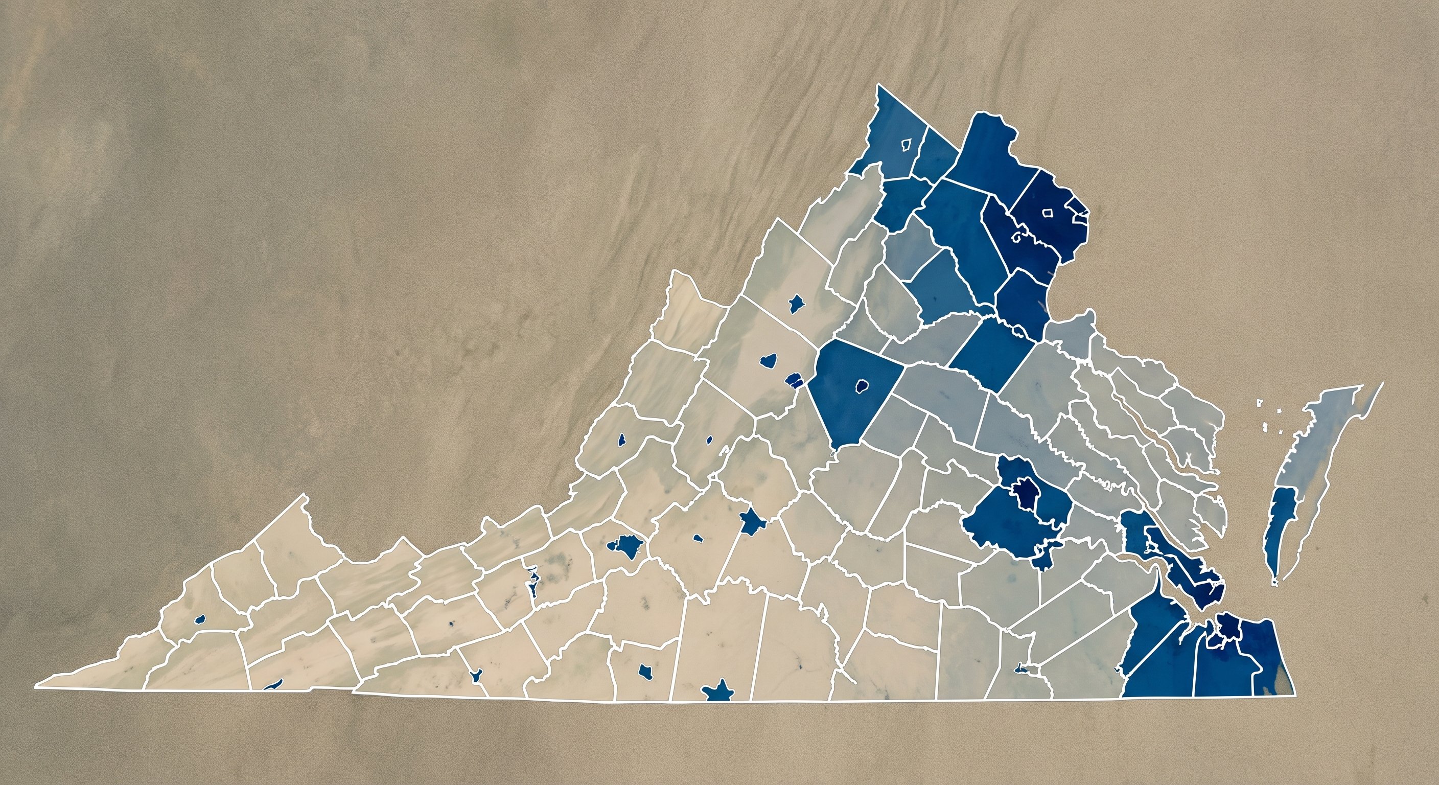 Aerial view of Virginia showing population density corridors from Northern Virginia through Hampton Roads to Richmond and Southwest Virginia