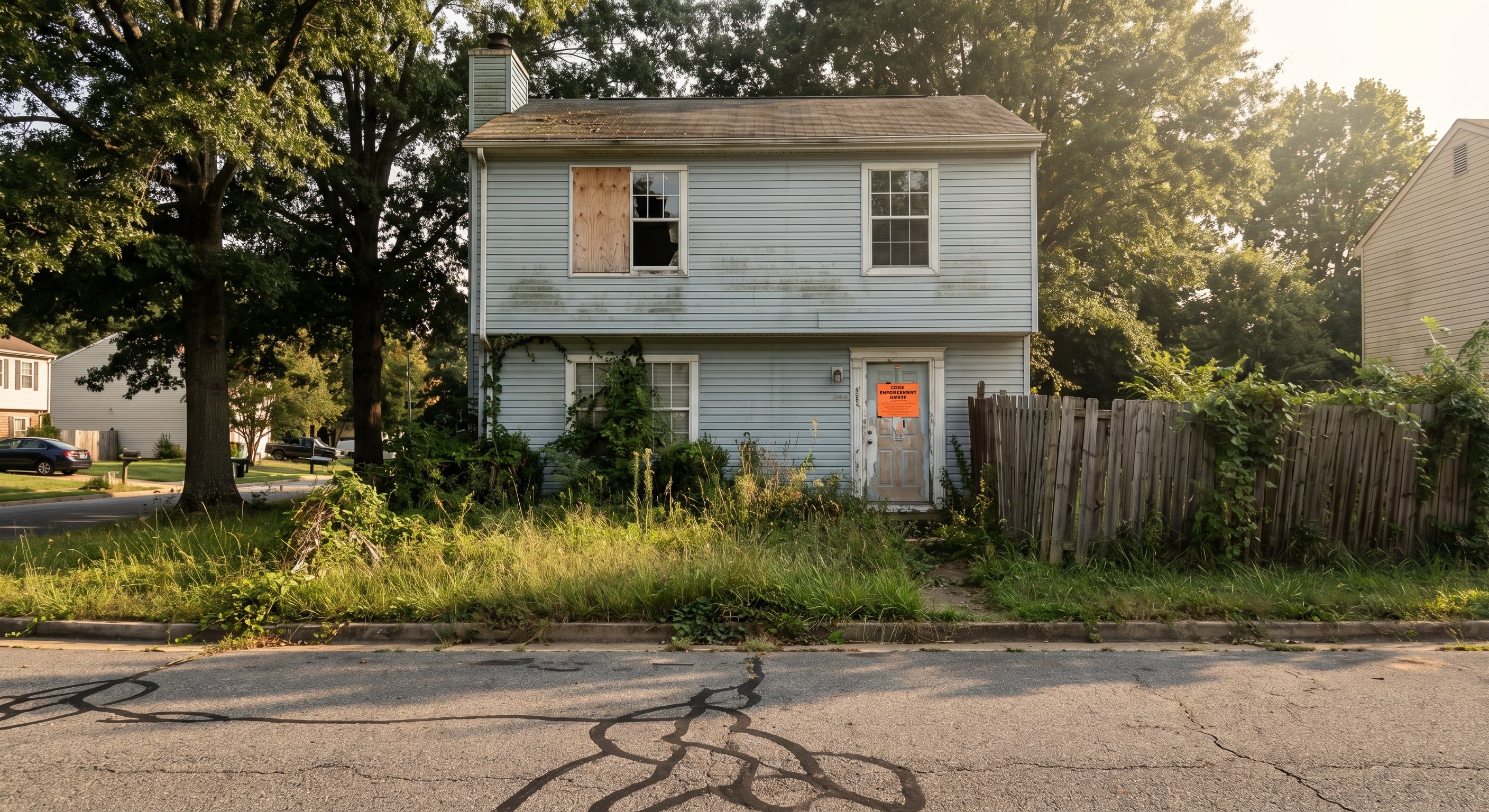Street view of a vacant Virginia property with overgrown yard and code enforcement notice