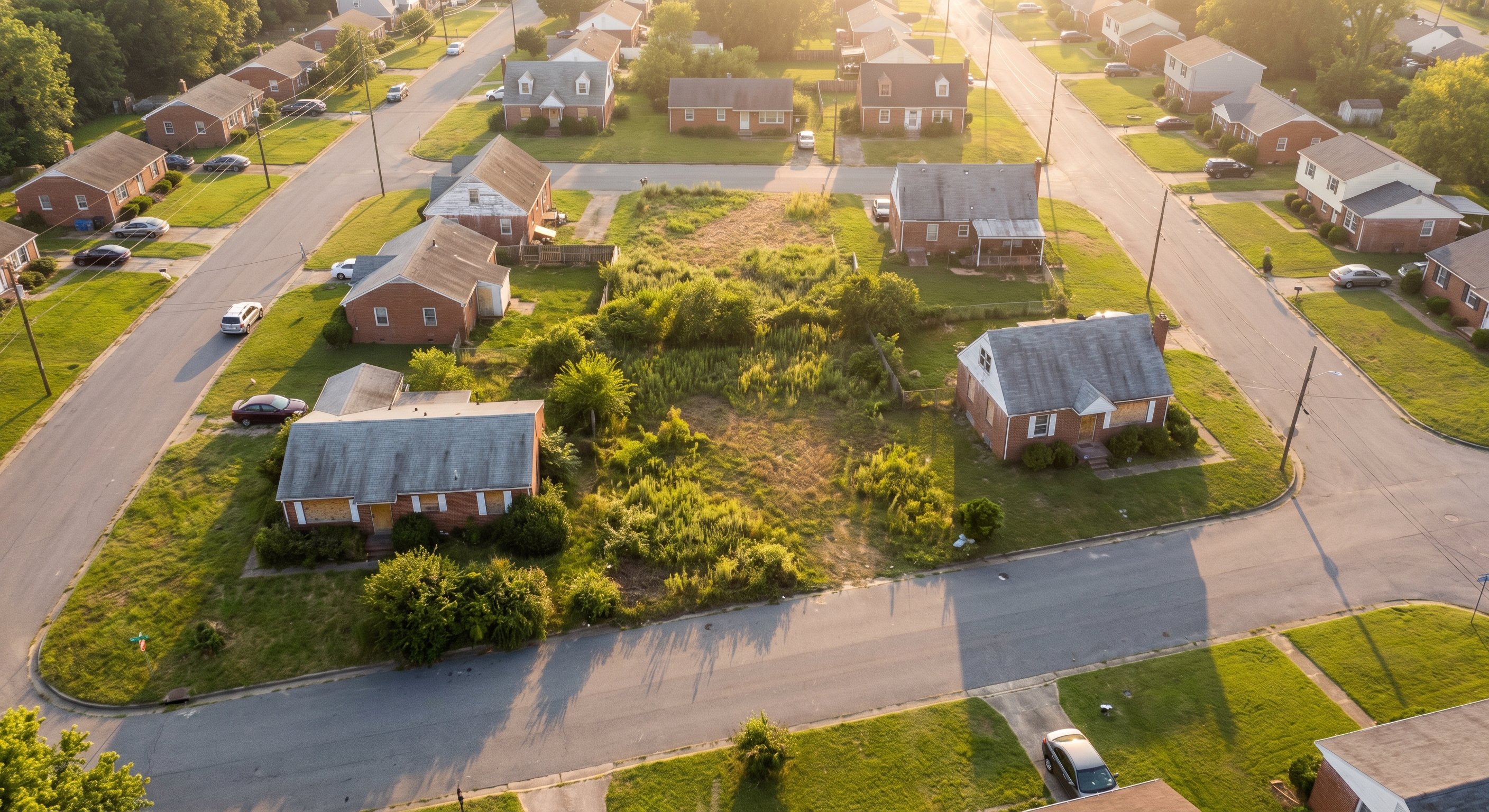 Aerial view of a Virginia neighborhood with mixed condition properties and vacant lots