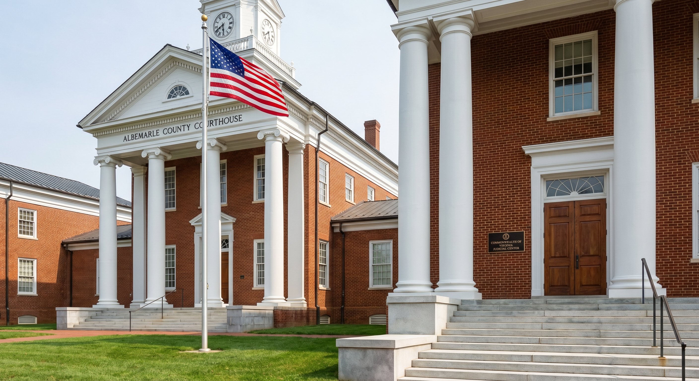 Virginia county courthouse exterior, classical architecture with columns and clock tower