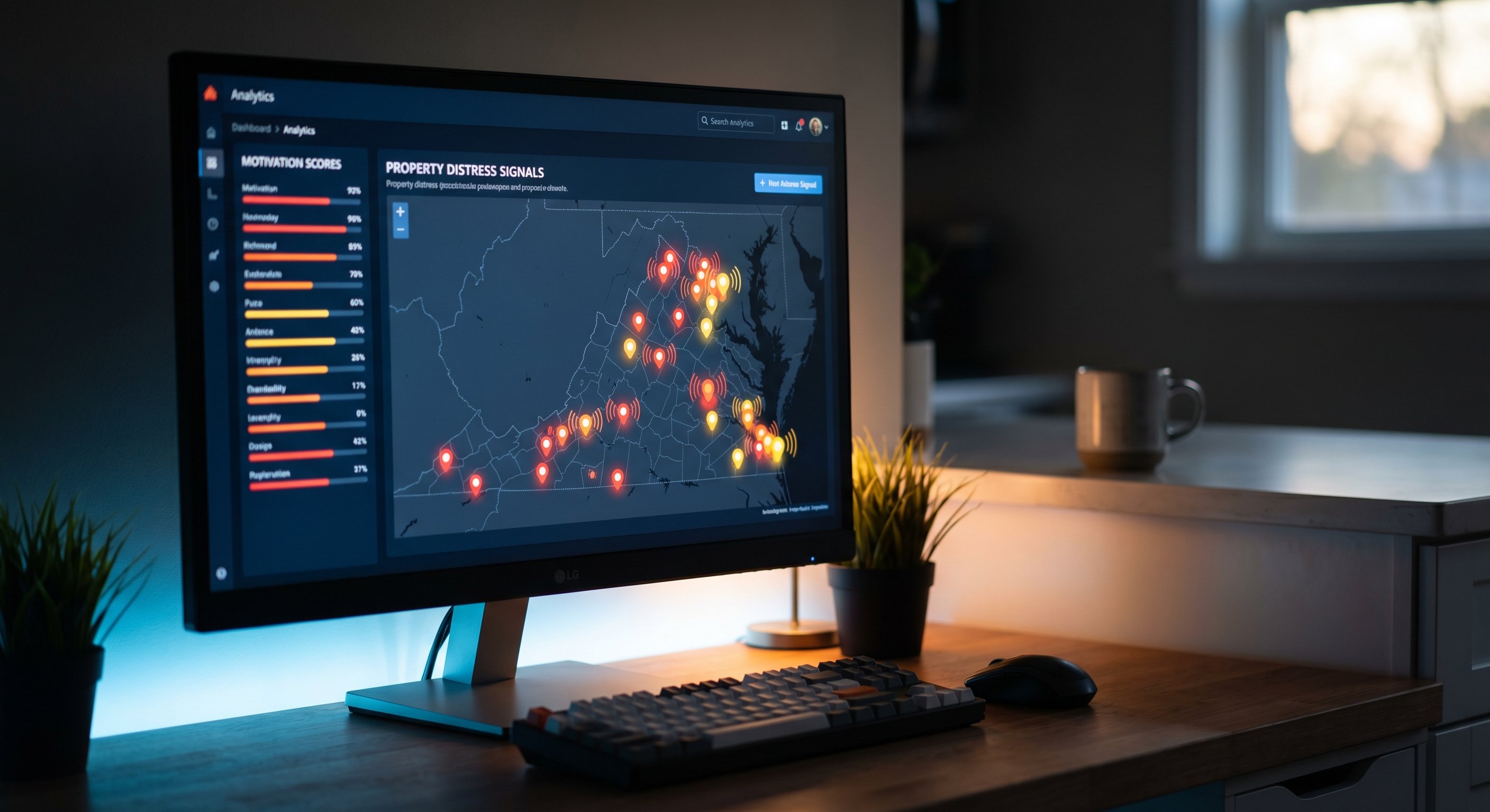Property intelligence dashboard showing Virginia distress signal map with motivation scores