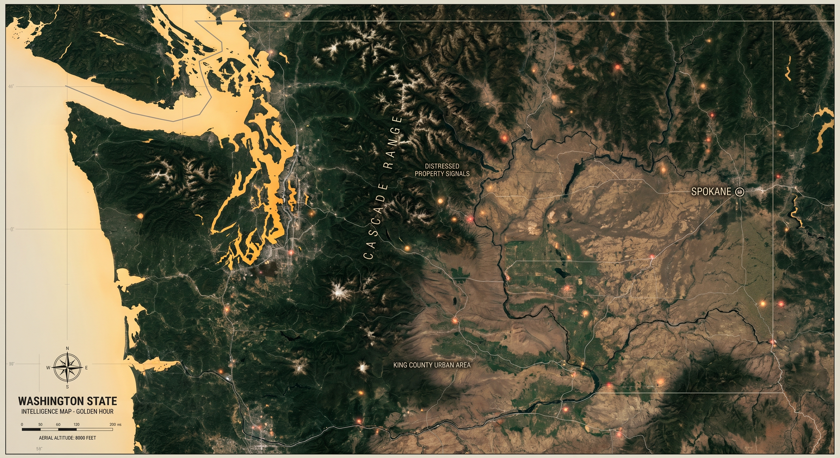 State map intelligence view showing Washington distressed property concentrations across King, Pierce, Spokane and Clark counties