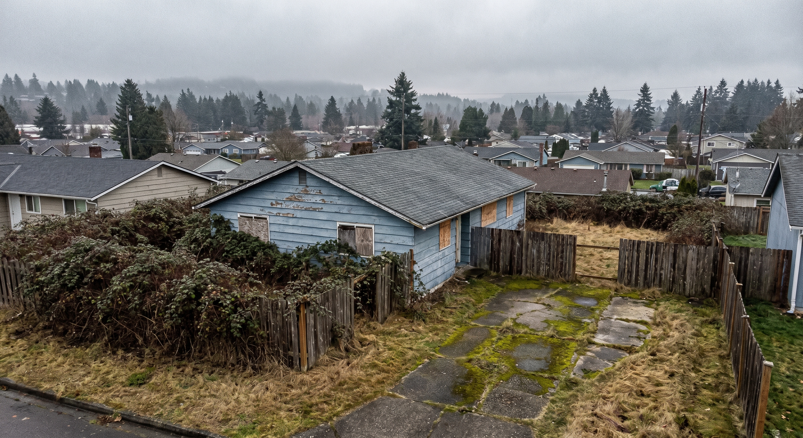 Aerial drone photograph of a neglected vacant home in a Pacific Northwest suburban neighborhood with overgrown vegetation and boarded windows