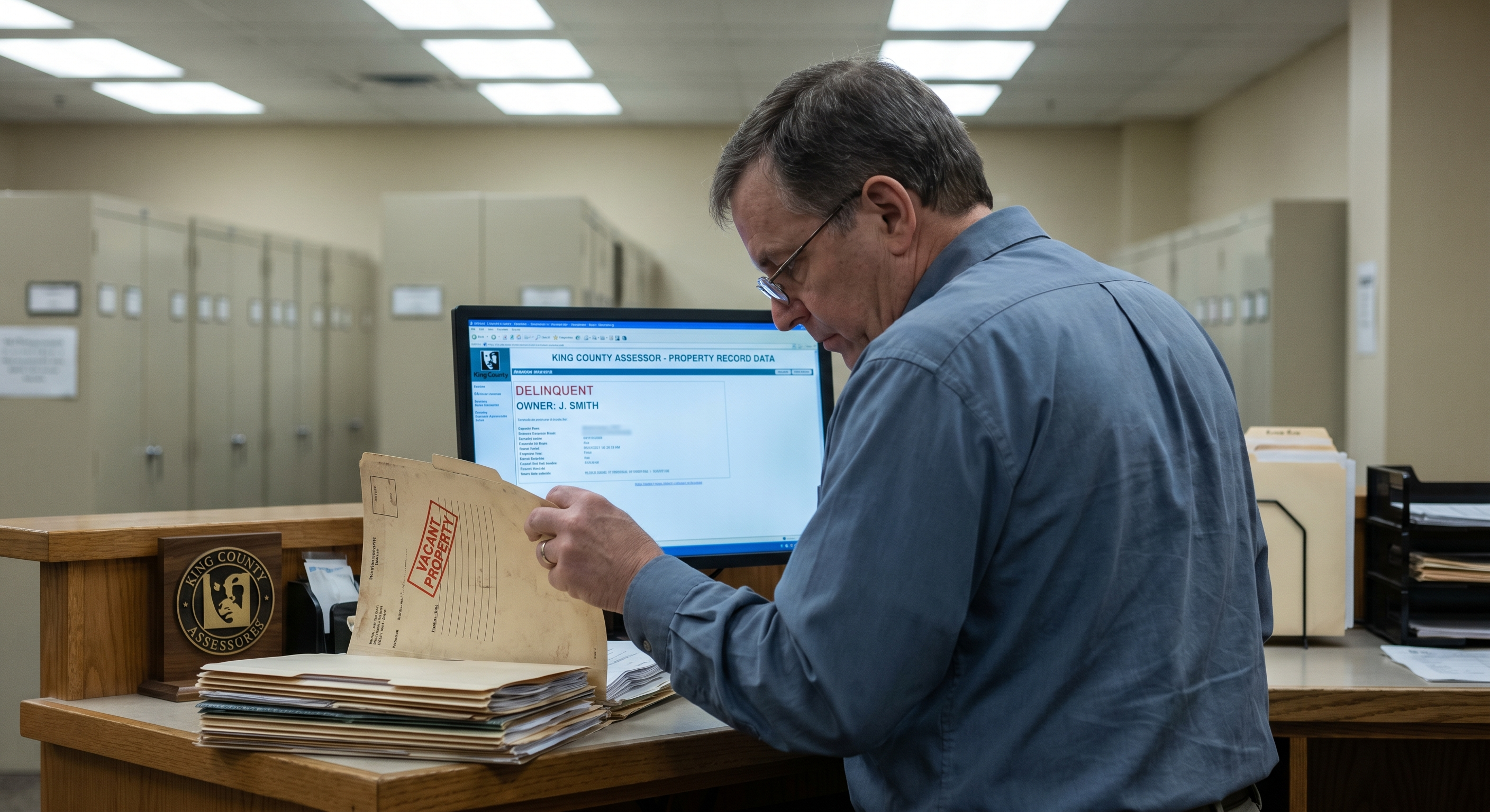 King County assessor office with property record data including tax delinquency flags and owner information on a computer screen