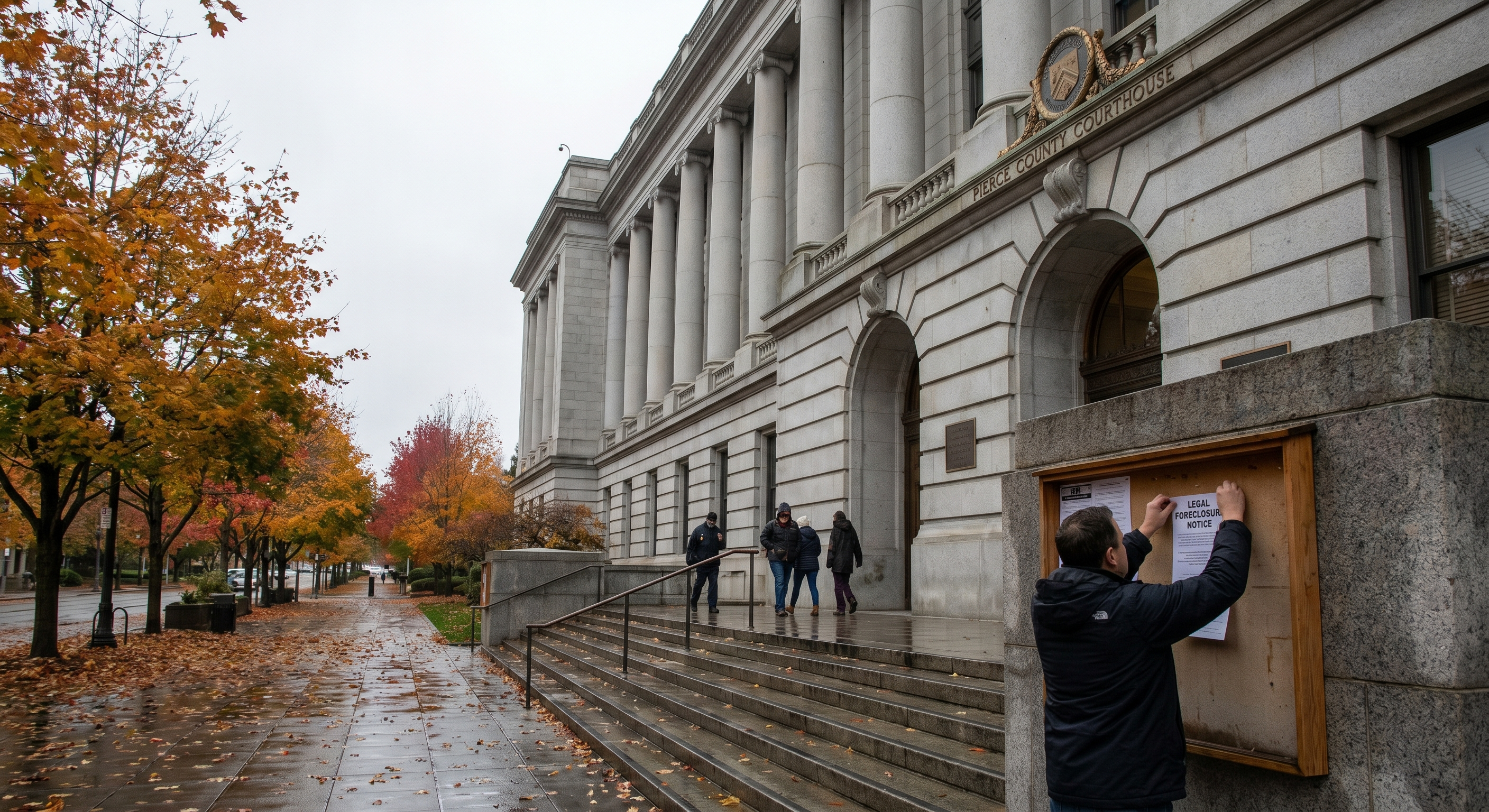 Classical Washington State county courthouse with stone columns and government brass insignia, autumn maple trees lining the front walkway