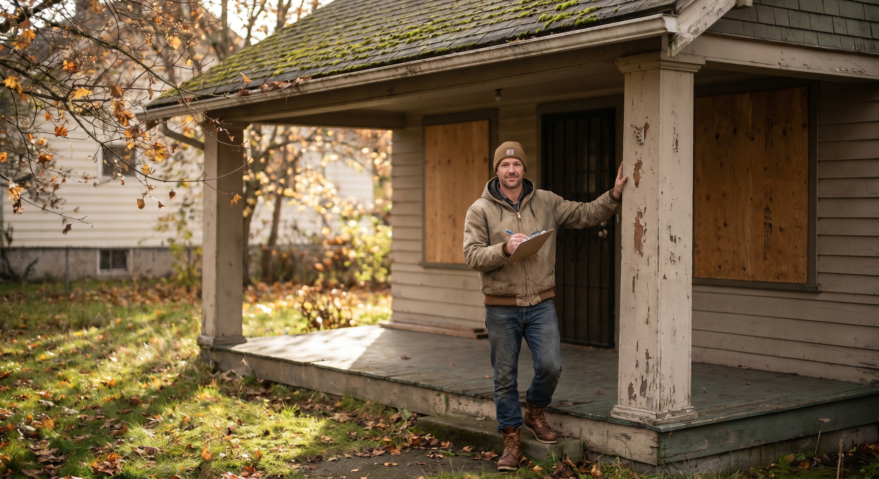 Real estate investor in a canvas jacket taking notes on a clipboard at the porch of a boarded-up 1920s Craftsman home in Spokane, Washington