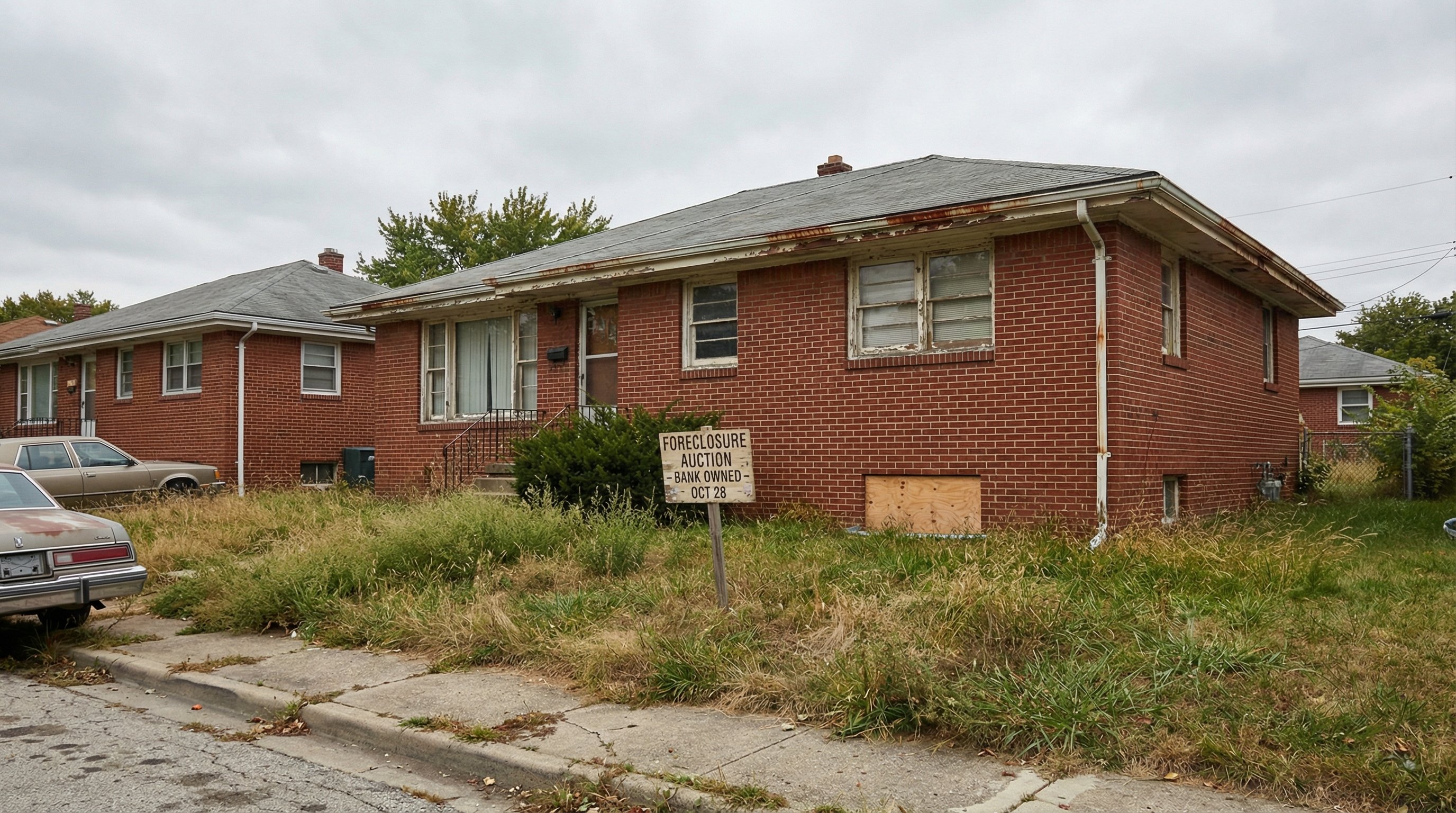 A distressed brick ranch home in a working-class neighborhood with visible neglect — peeling paint, overgrown yard, foreclosure auction sign on the lawn