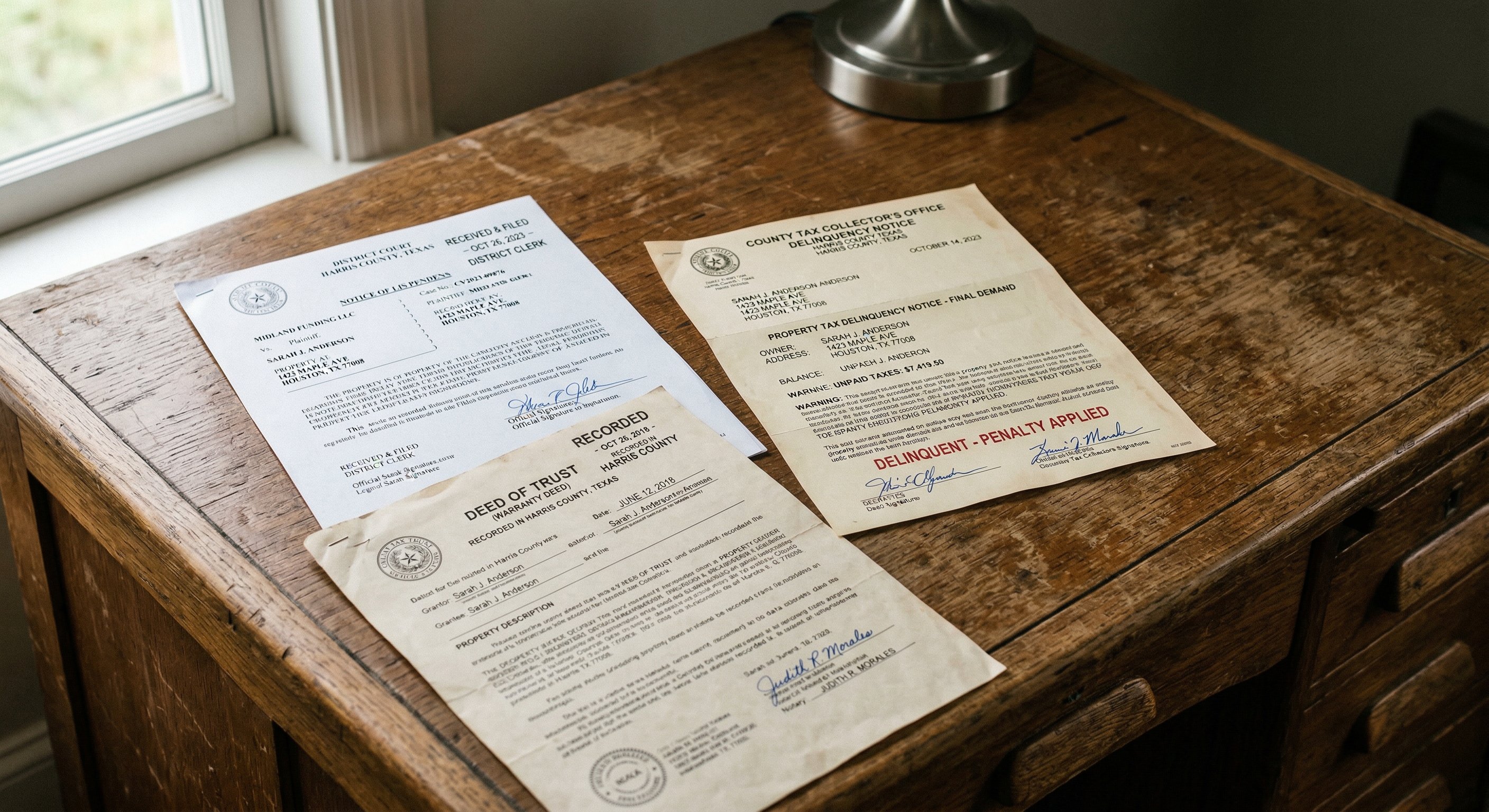 County property records documents spread on a desk — tax assessment notice, lis pendens filing, and property deed. Official-looking government paperwork, close-up documentary photography, natural window light from the left, shallow depth of field.