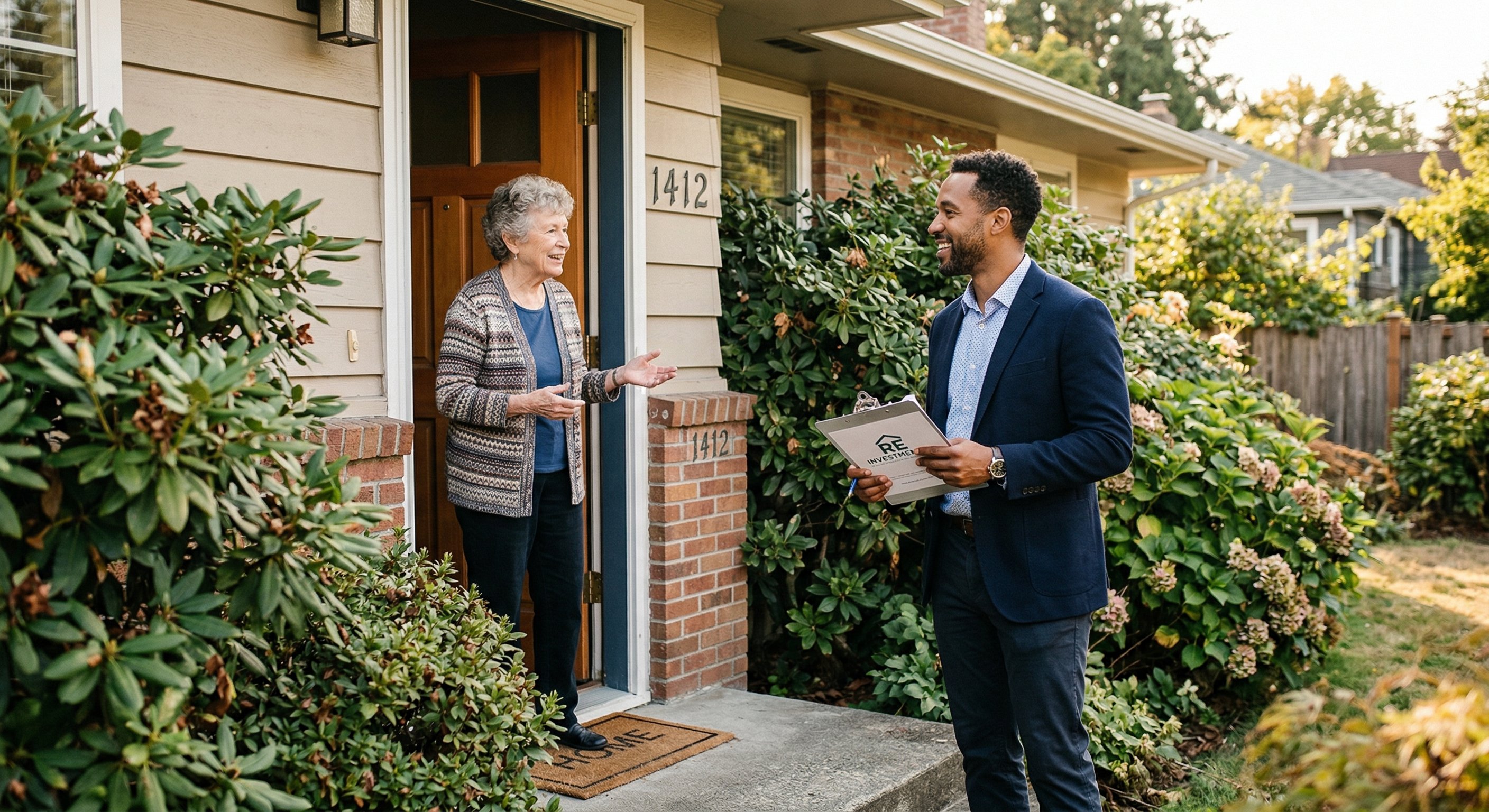 A real estate investor in their late 30s with a clipboard talking with a homeowner at a front door of a single-story ranch home with a partially overgrown yard. Late afternoon light, genuine conversation posture, photorealistic documentary photography, 50mm lens, natural skin texture with catchlight in eyes.