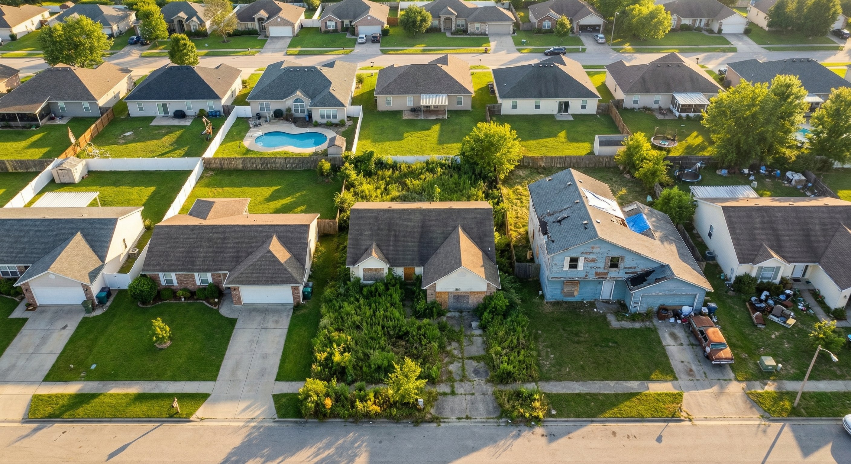 Aerial drone photograph showing a neighborhood with both well-maintained and clearly distressed homes with overgrown yards and visible neglect