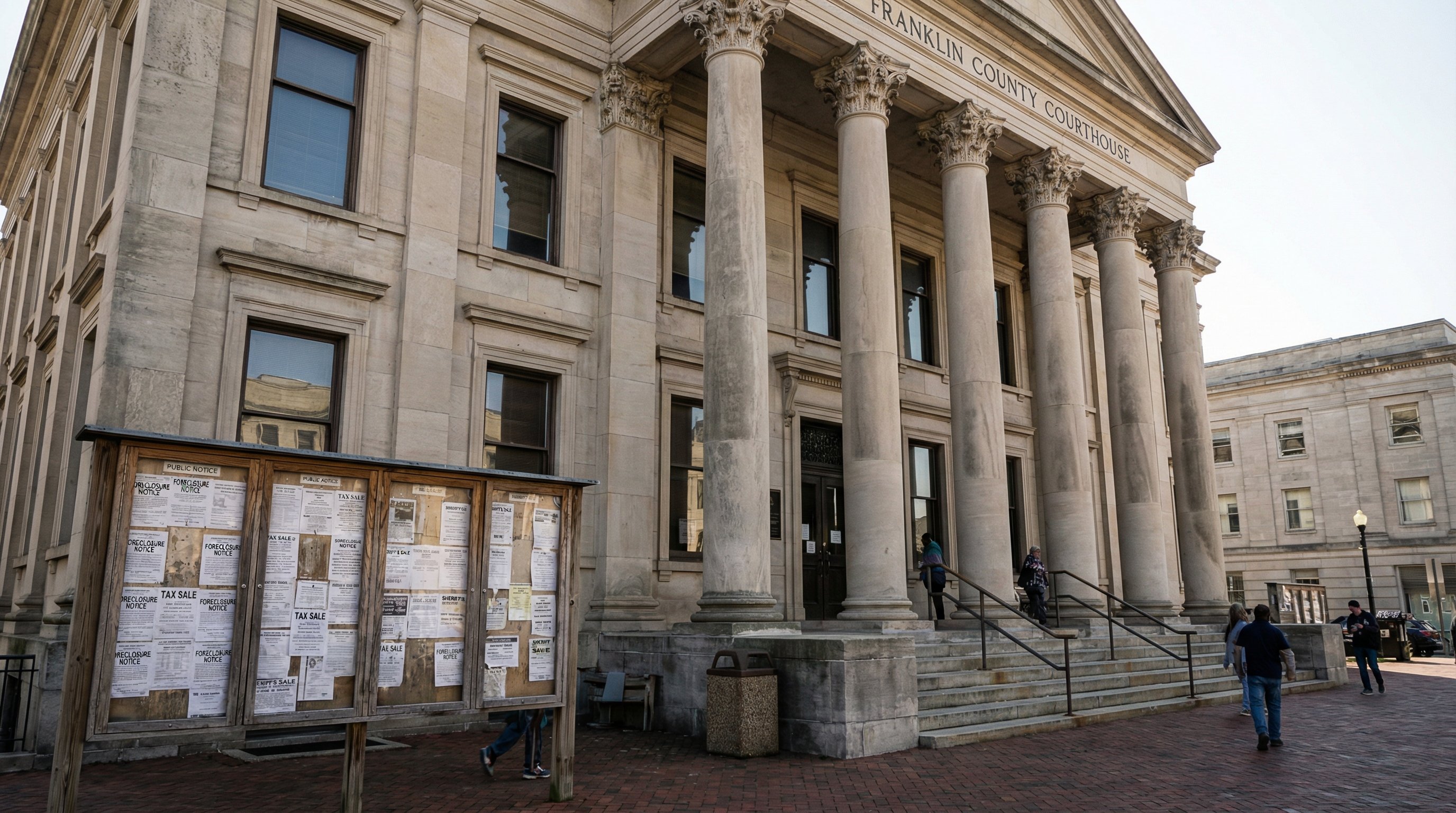 County courthouse exterior with public notice board displaying foreclosure and tax sale postings
