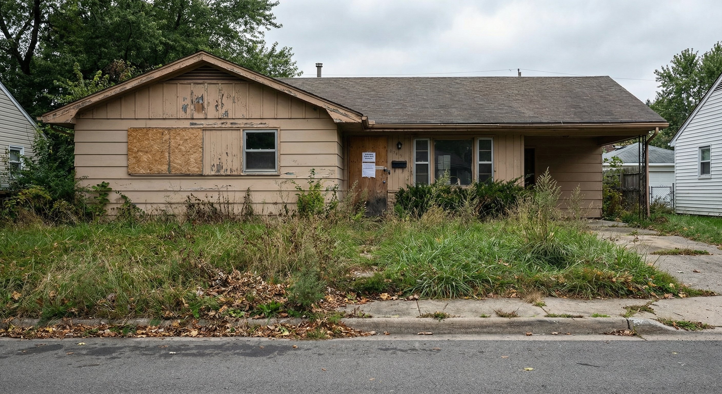 Distressed single-story ranch home with overgrown lawn, peeling paint, and a county tax notice posted on the front door