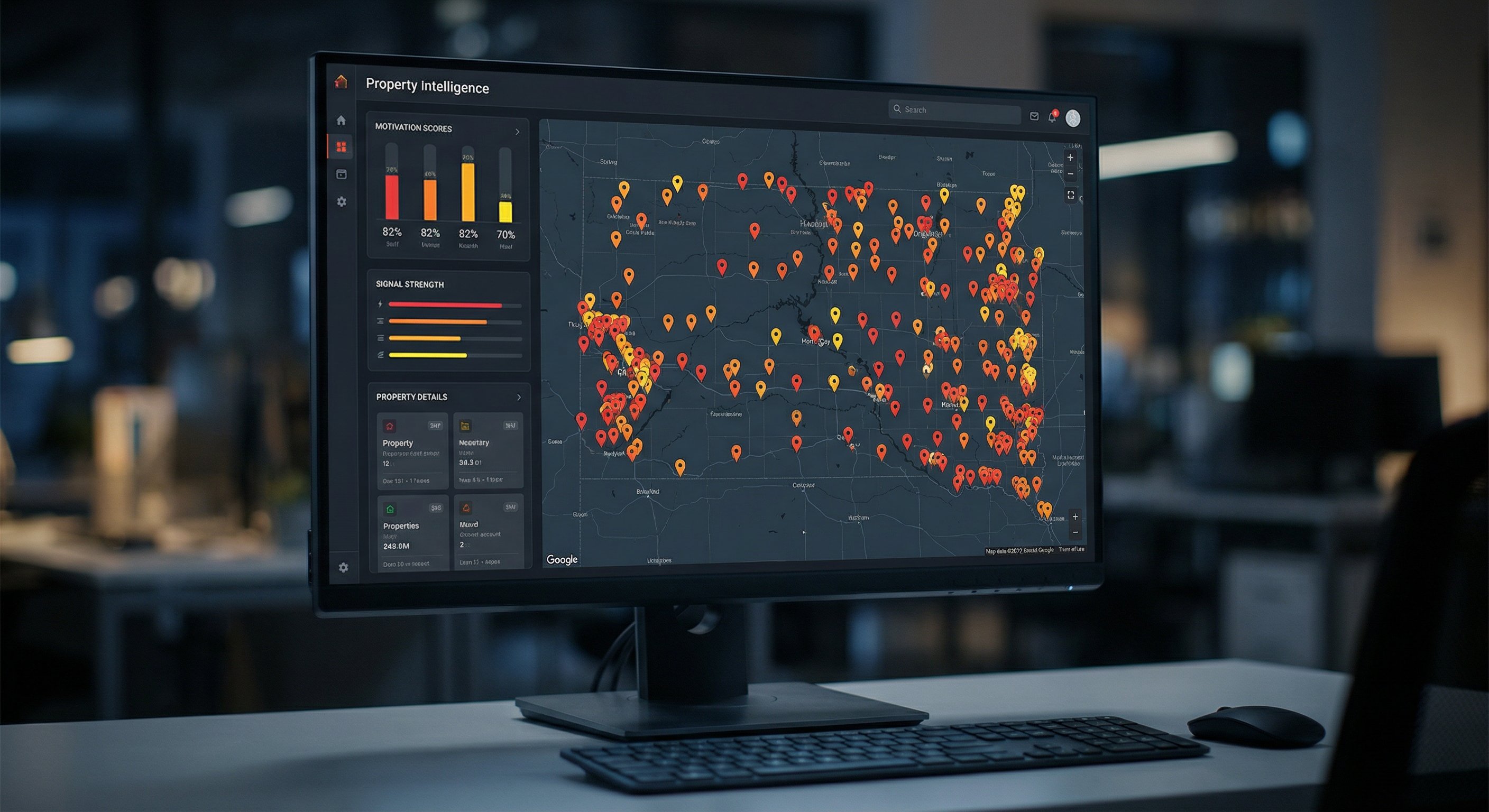 Dark-themed property intelligence dashboard on a monitor displaying a full-screen map with colored distress signal pins and motivation score panels