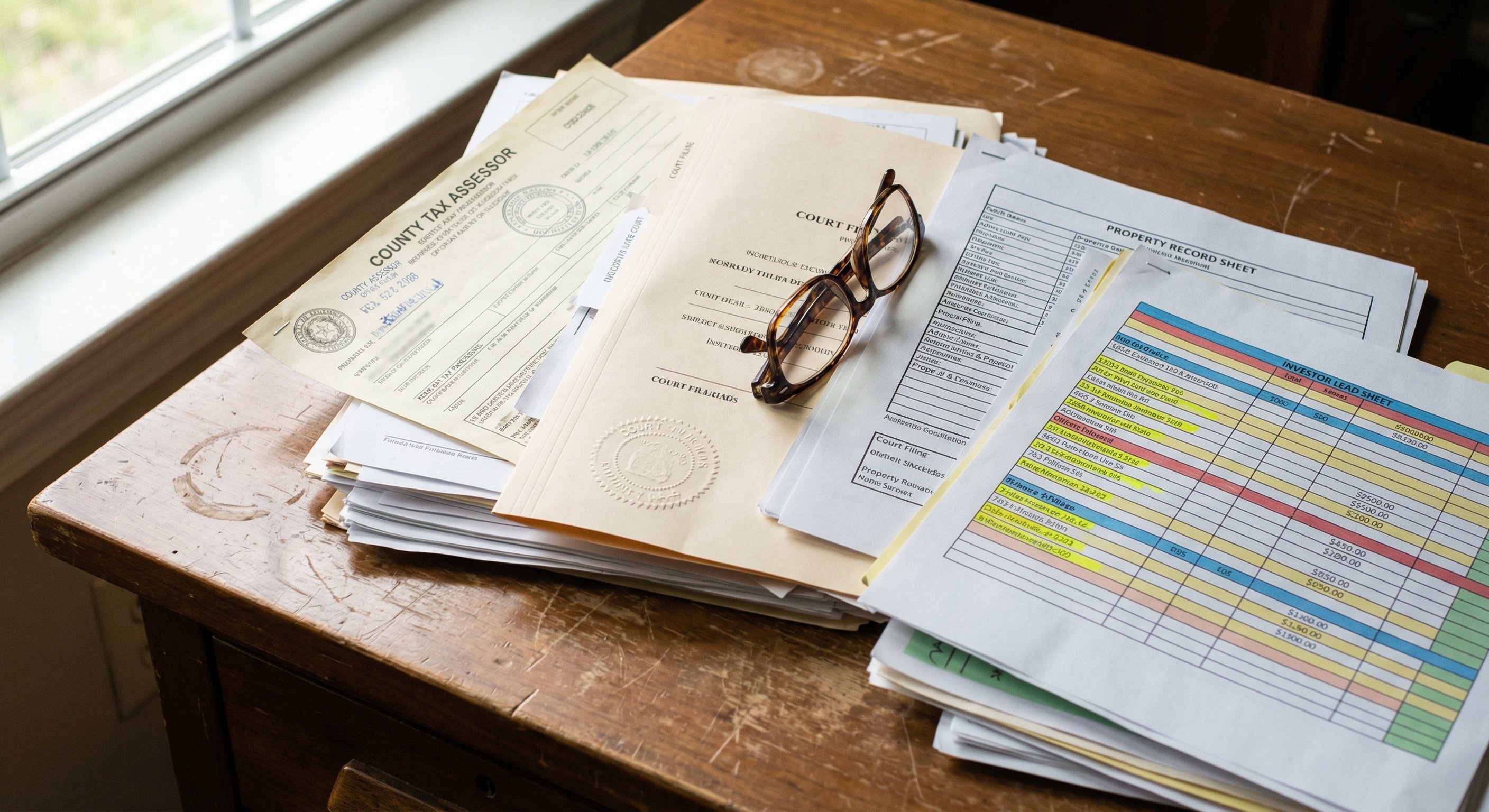 Stack of legal documents on a worn wooden desk including county assessor records, court filings with raised seals, and investor lead sheets