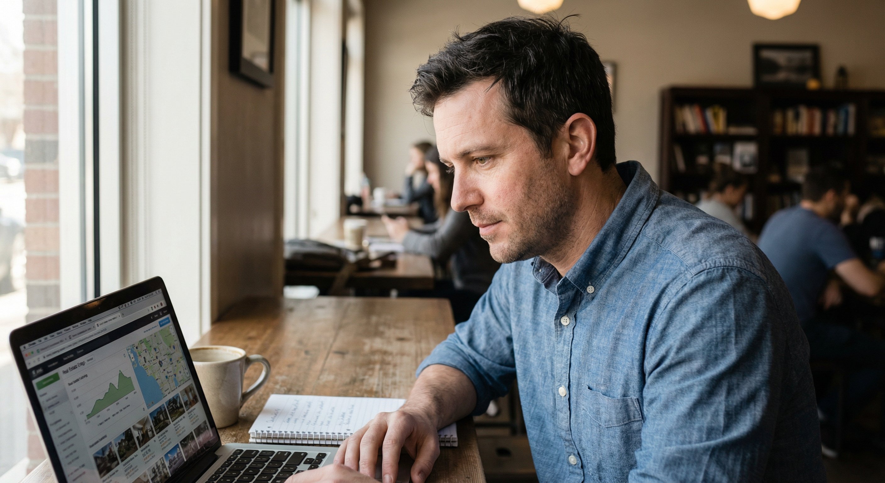 A real estate investor reviewing distressed property data on a laptop at a coffee shop, medium shot, natural window light, shot with 50mm lens at f/2.8, editorial documentary style, natural skin texture, catchlight in eyes