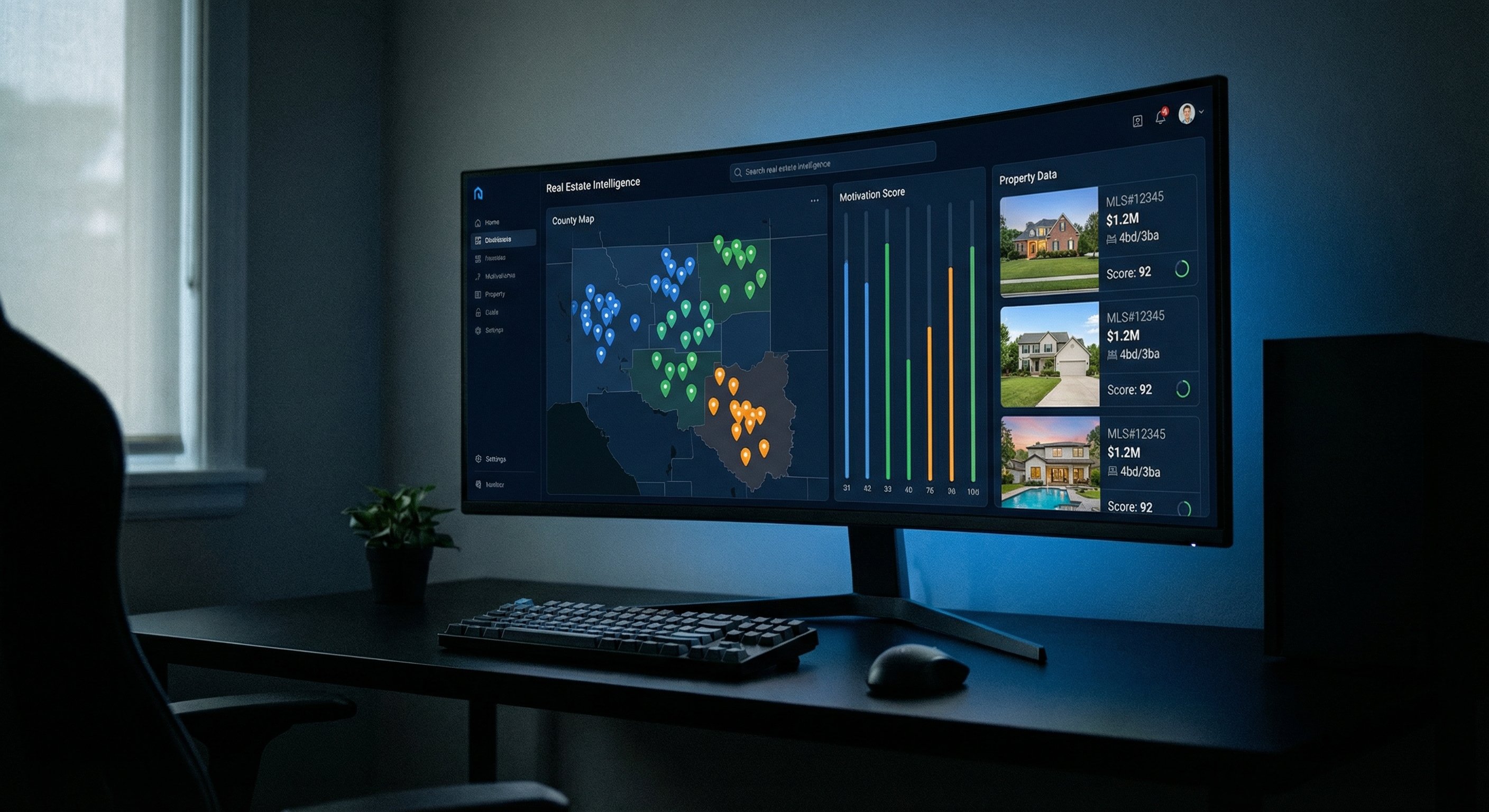 Stylized dark-mode dashboard on a modern monitor showing a property heat map with colored signal pins and motivation score overlays, minimal desk setup with faint ambient light, screen glow as key light, shallow depth of field focused on screen, technology editorial photography