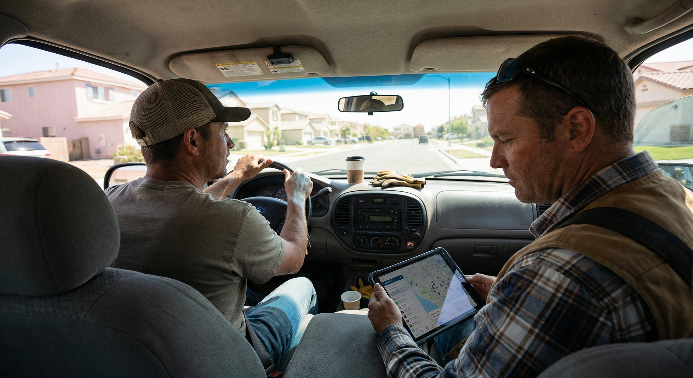 Two real estate investors in a truck cab between showings, one reviewing leads on a tablet while the other drives through a suburban neighborhood, medium shot from passenger side, natural midday light, shot with 35mm lens, candid documentary style, authentic skin tones