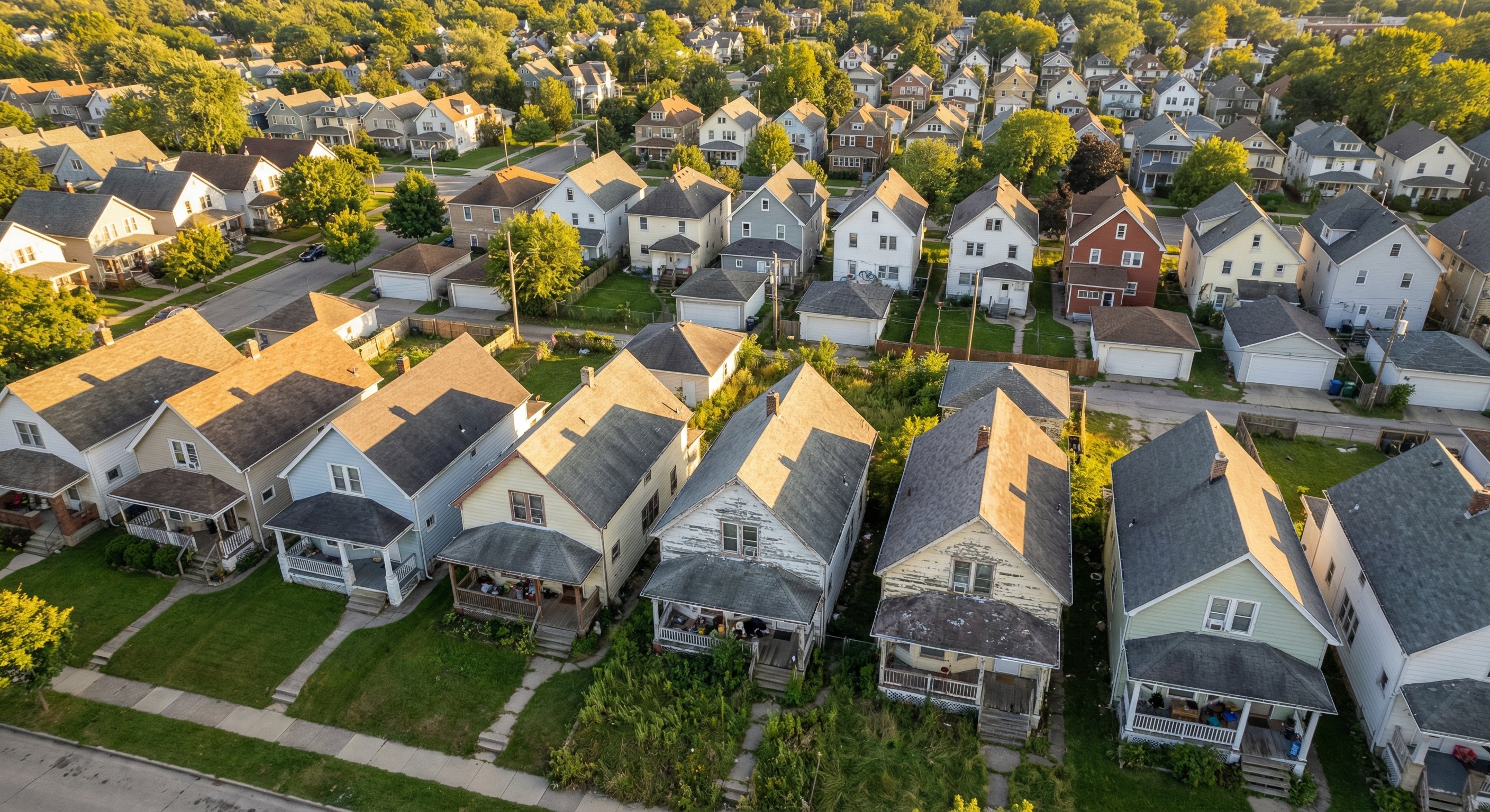 Aerial drone photograph from 400 feet looking down at a mixed residential neighborhood with a variety of property conditions visible, some well-maintained, some showing visible deferred maintenance, late afternoon golden hour light casting long shadows, real estate aerial photography, shot on DJI Mavic 3, wide angle