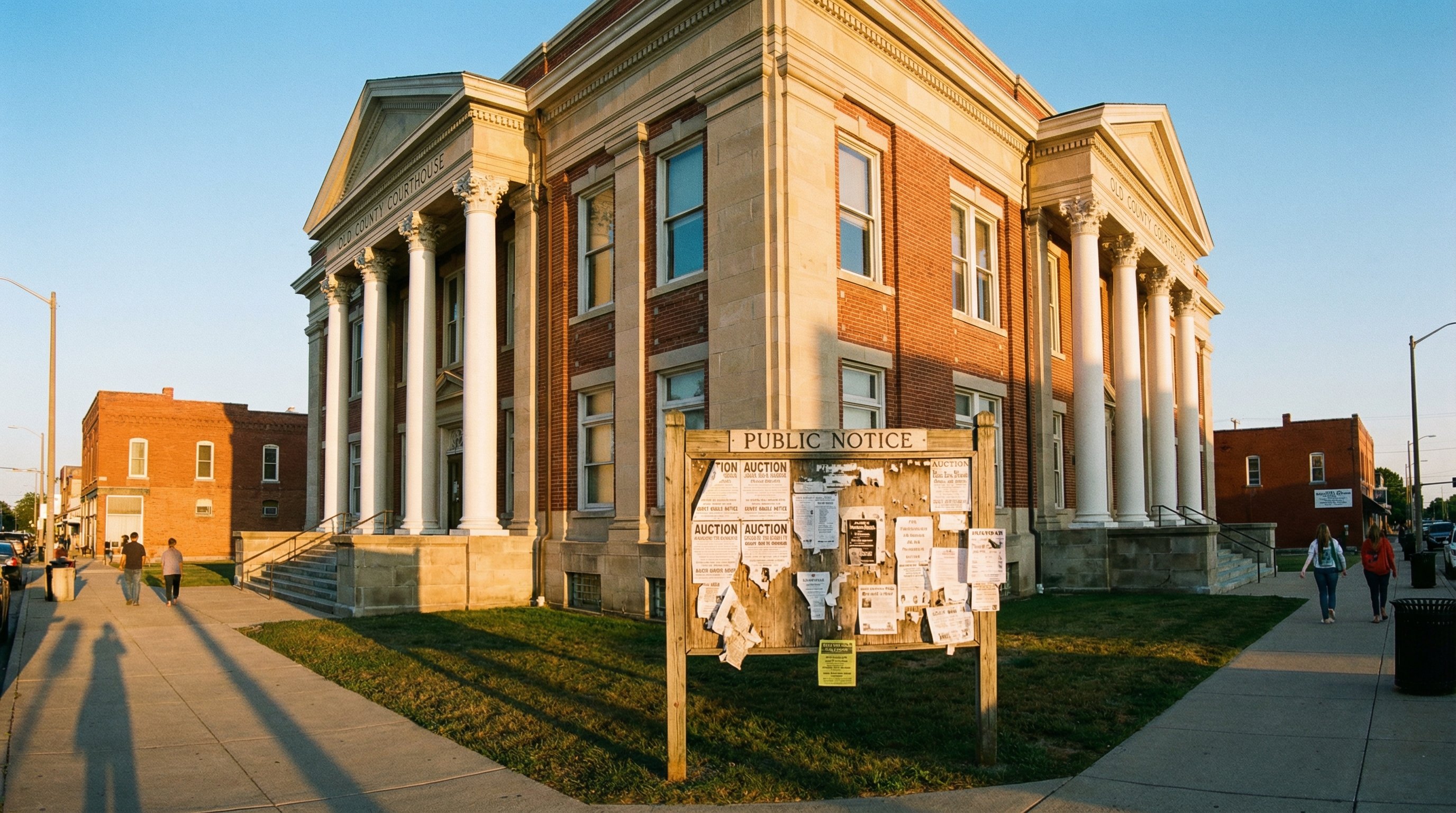 County courthouse exterior with public notice board, symbolizing the records that track zombie foreclosure properties