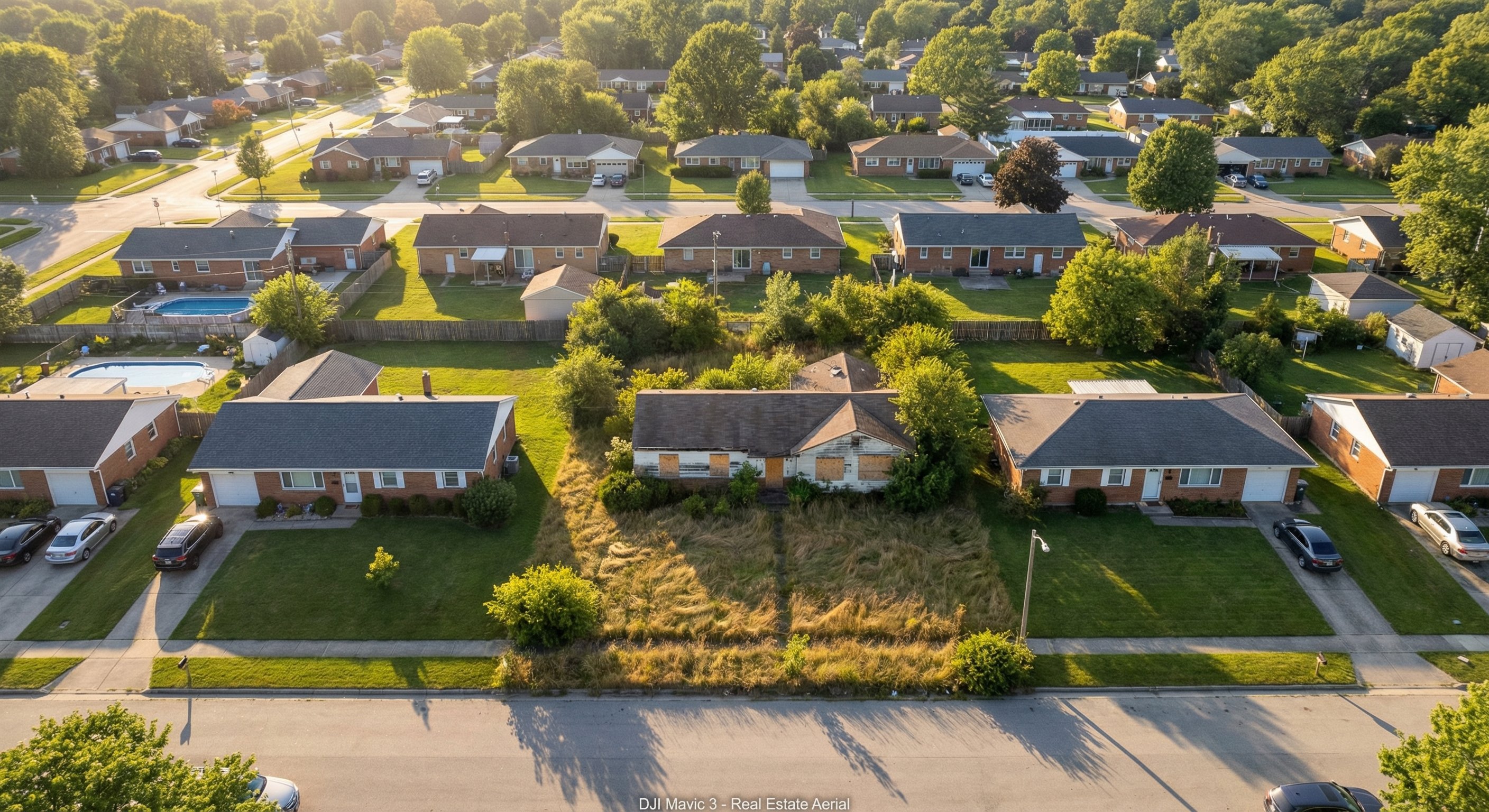 Aerial view of a suburban neighborhood with one distinctly vacant and overgrown property