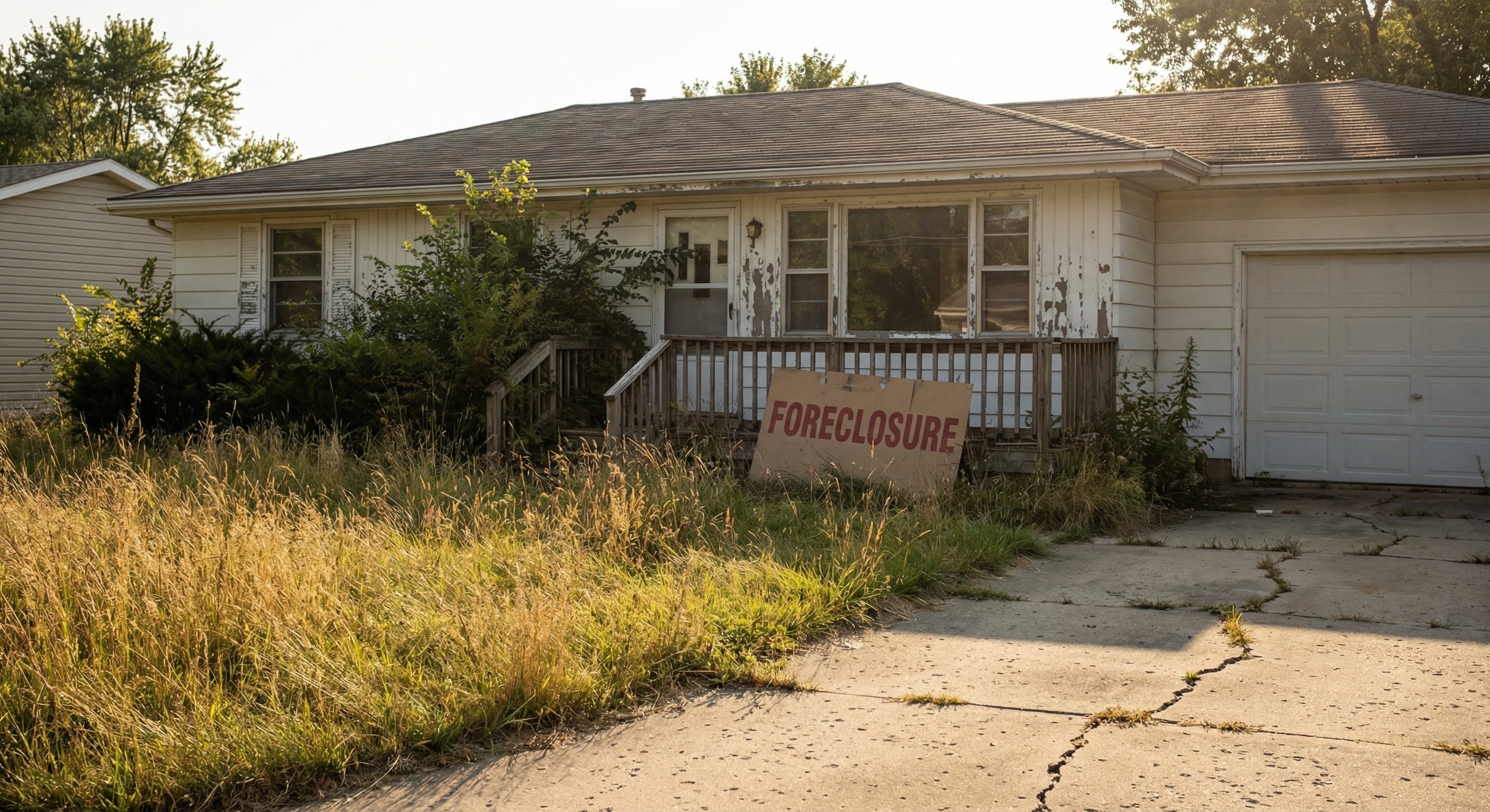 A vacant single-story ranch home with tall grass, a foreclosure sign, and peeling paint