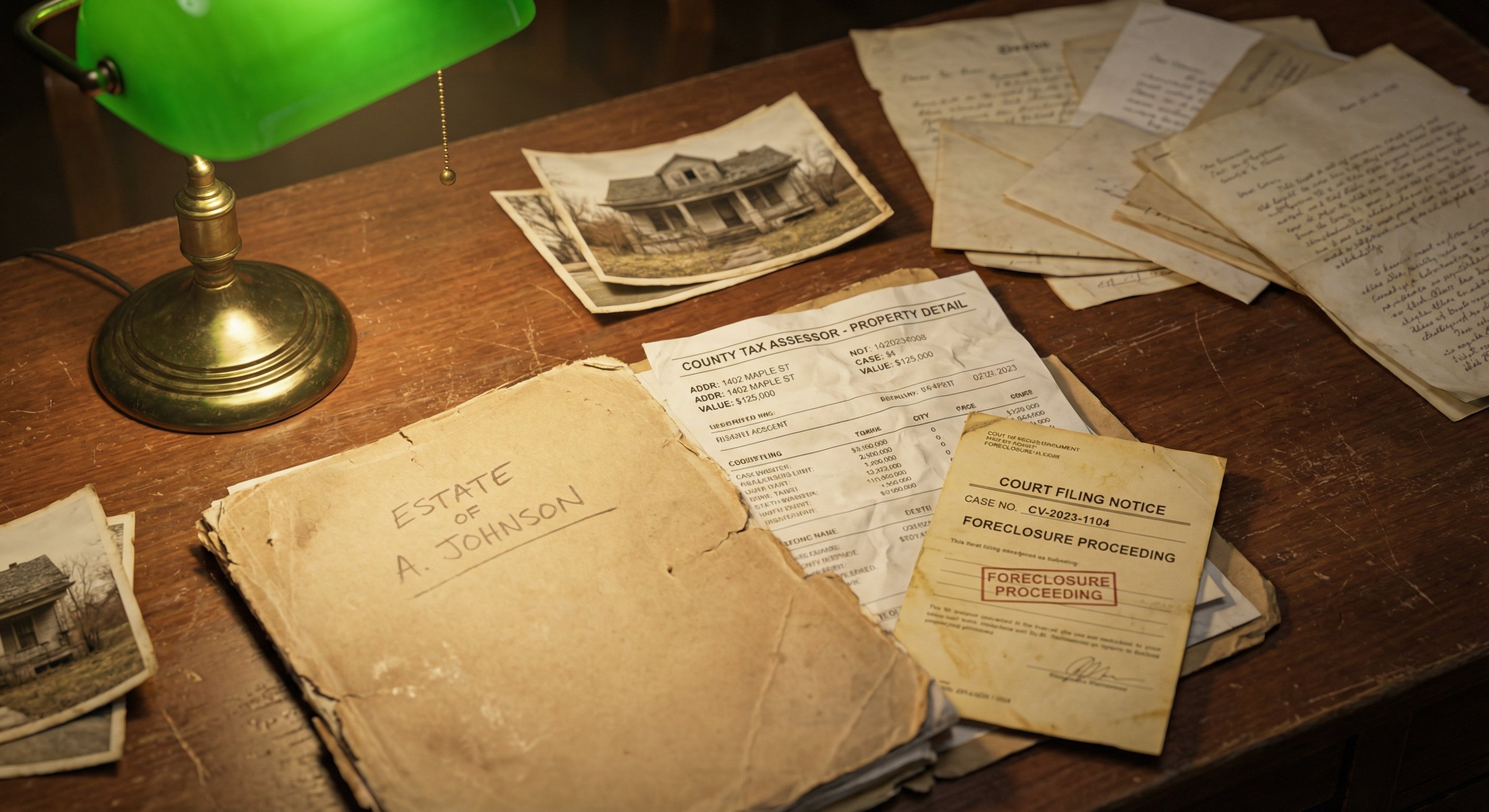 Legal documents, county assessor records, and property photographs spread on a wooden desk