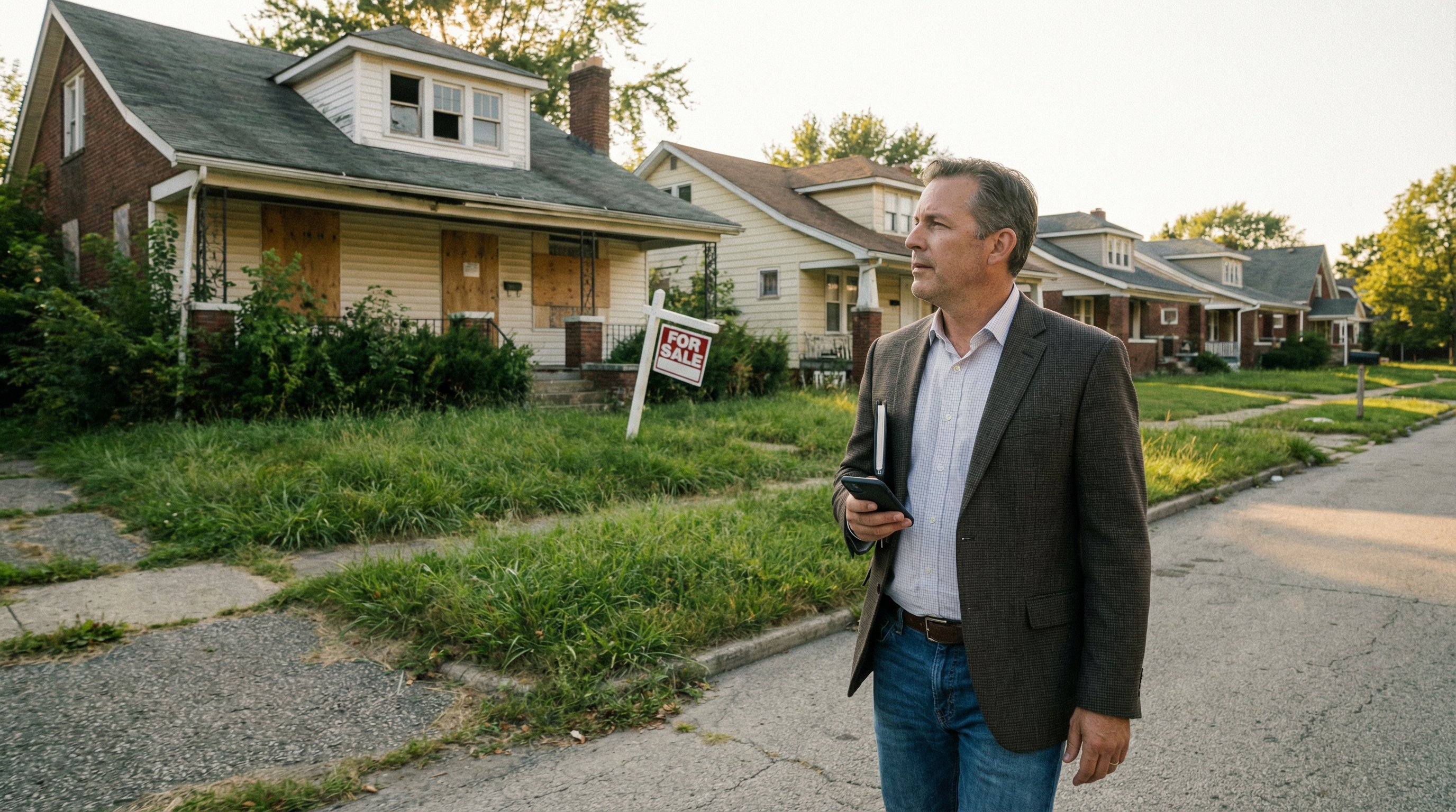 A real estate investor walking a suburban street with smartphone in hand, surveying a neglected property