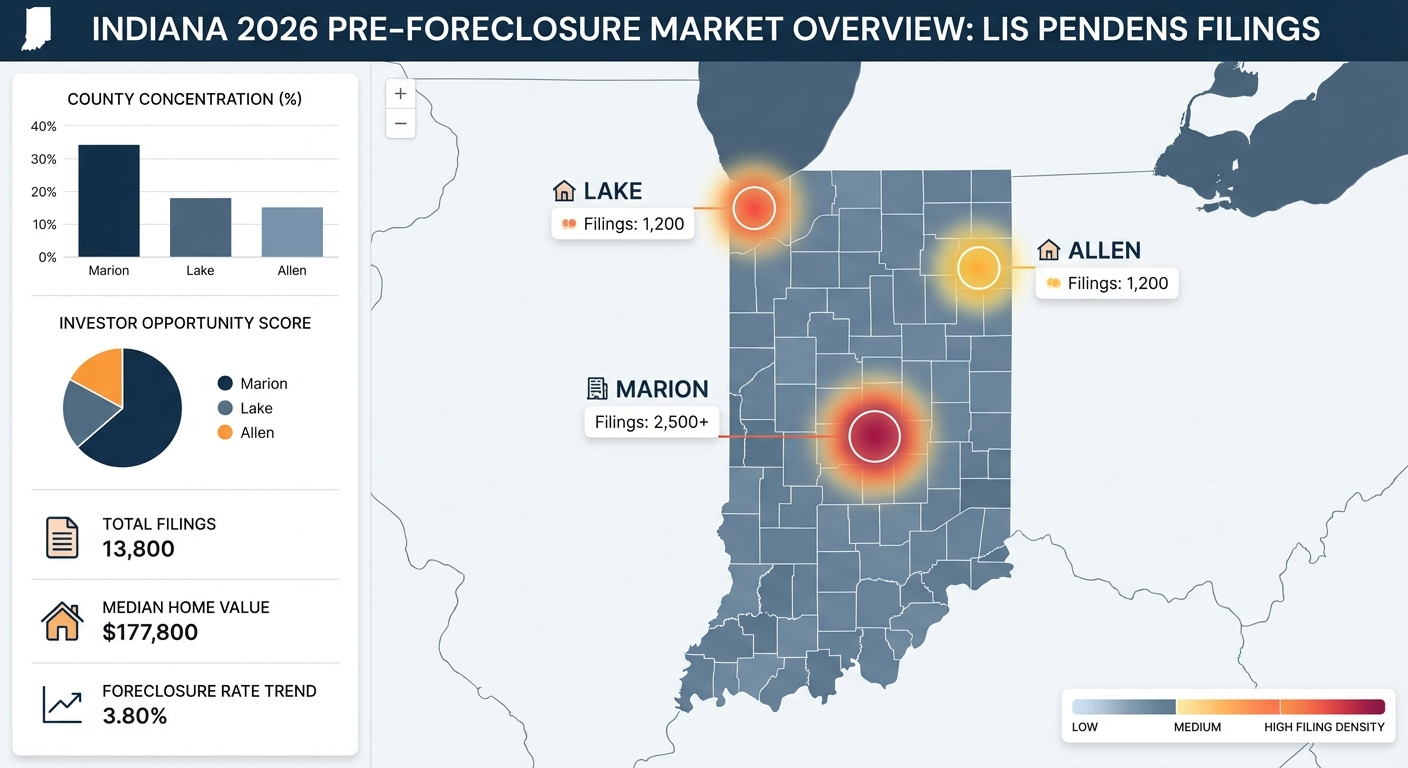 Indiana pre-foreclosure hotspots map showing concentration across major counties